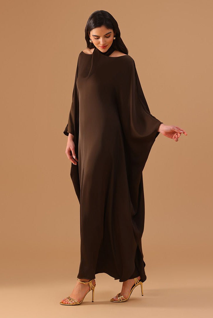 Dark Brown Off - Shoulder Kaftan with Neck Strap and Inner Belt - shopaleena