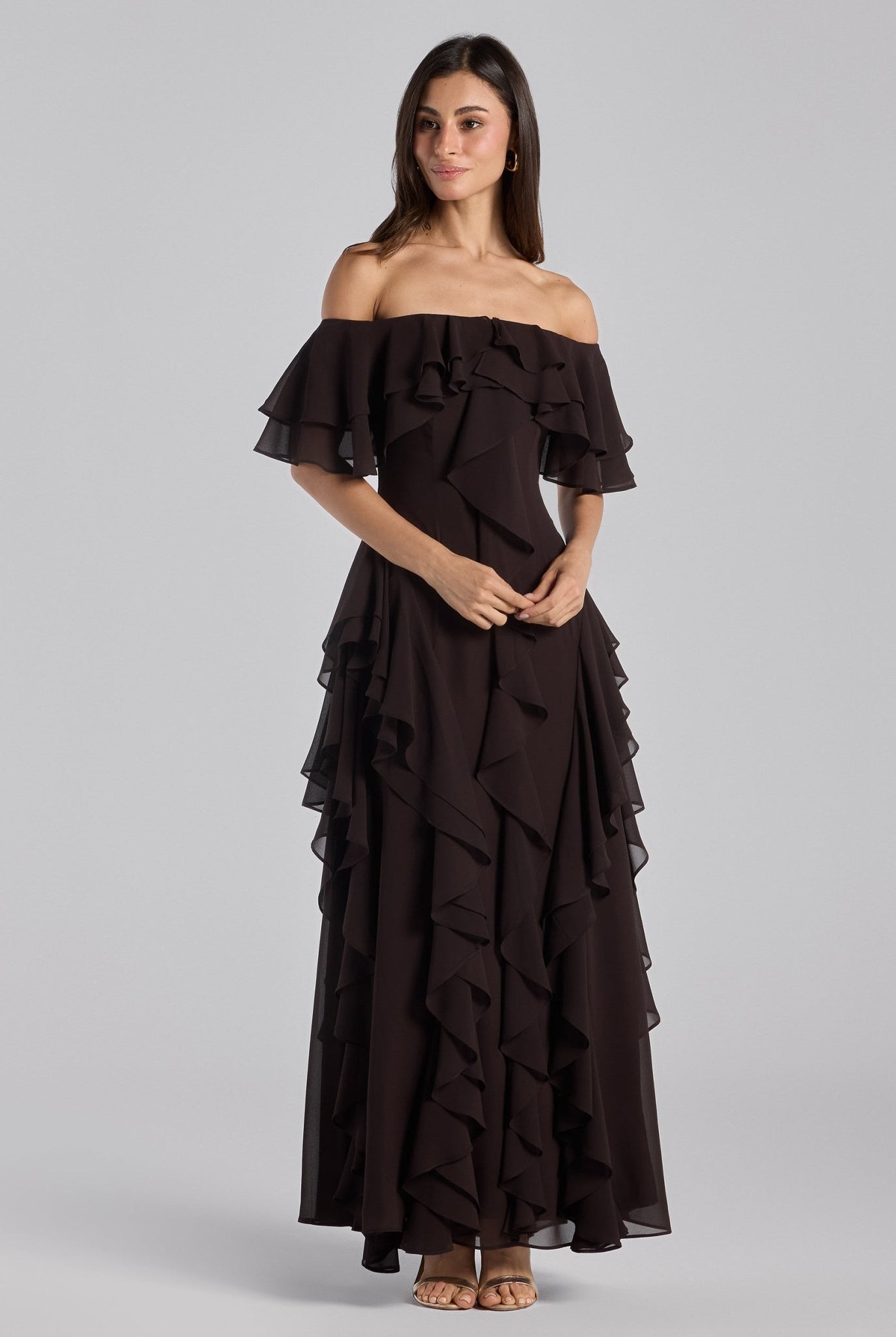 Dark Brown Off Shoulder Velvet Maxi Dress With Ruffles - shopaleena