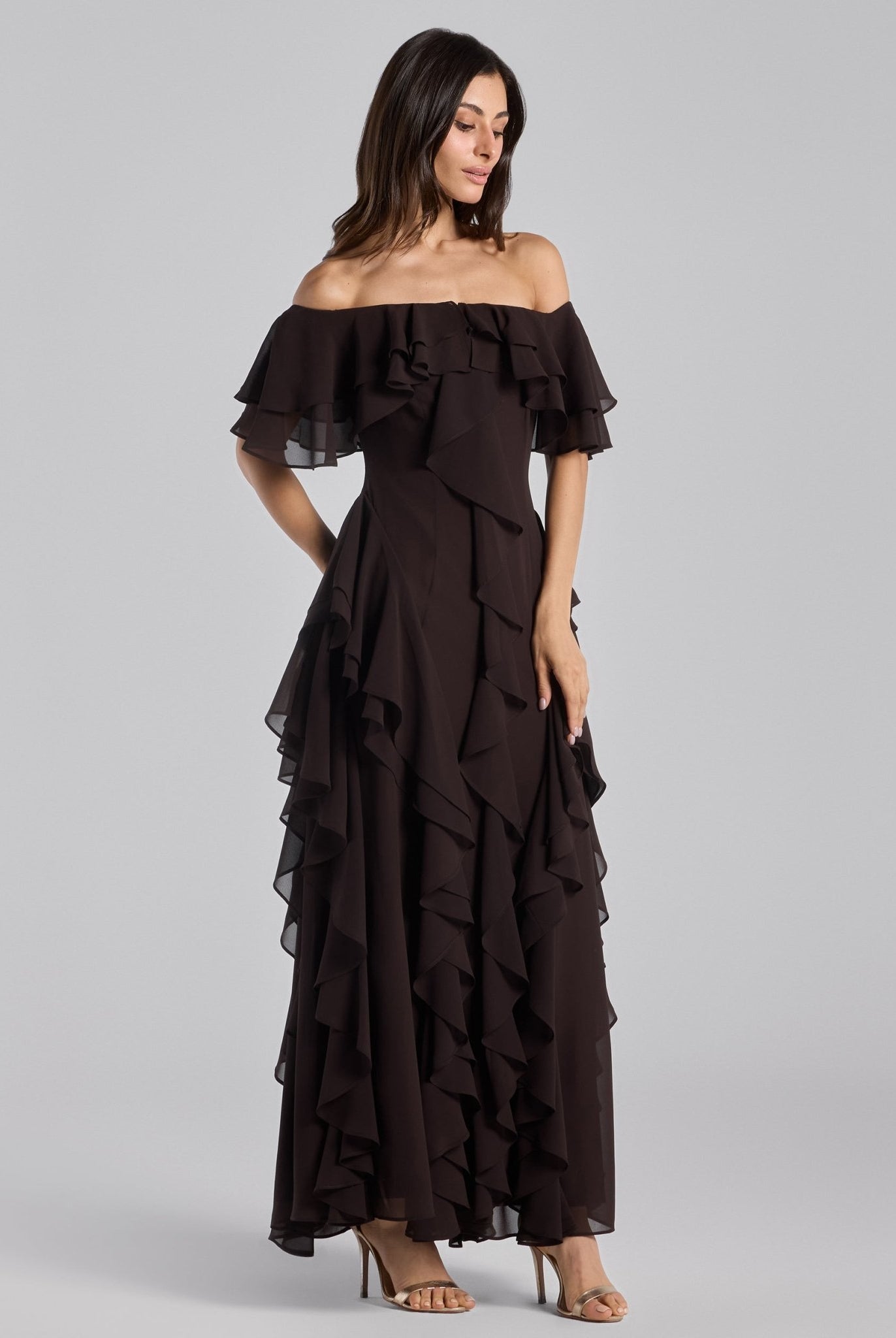 Dark Brown Off Shoulder Velvet Maxi Dress With Ruffles - shopaleena
