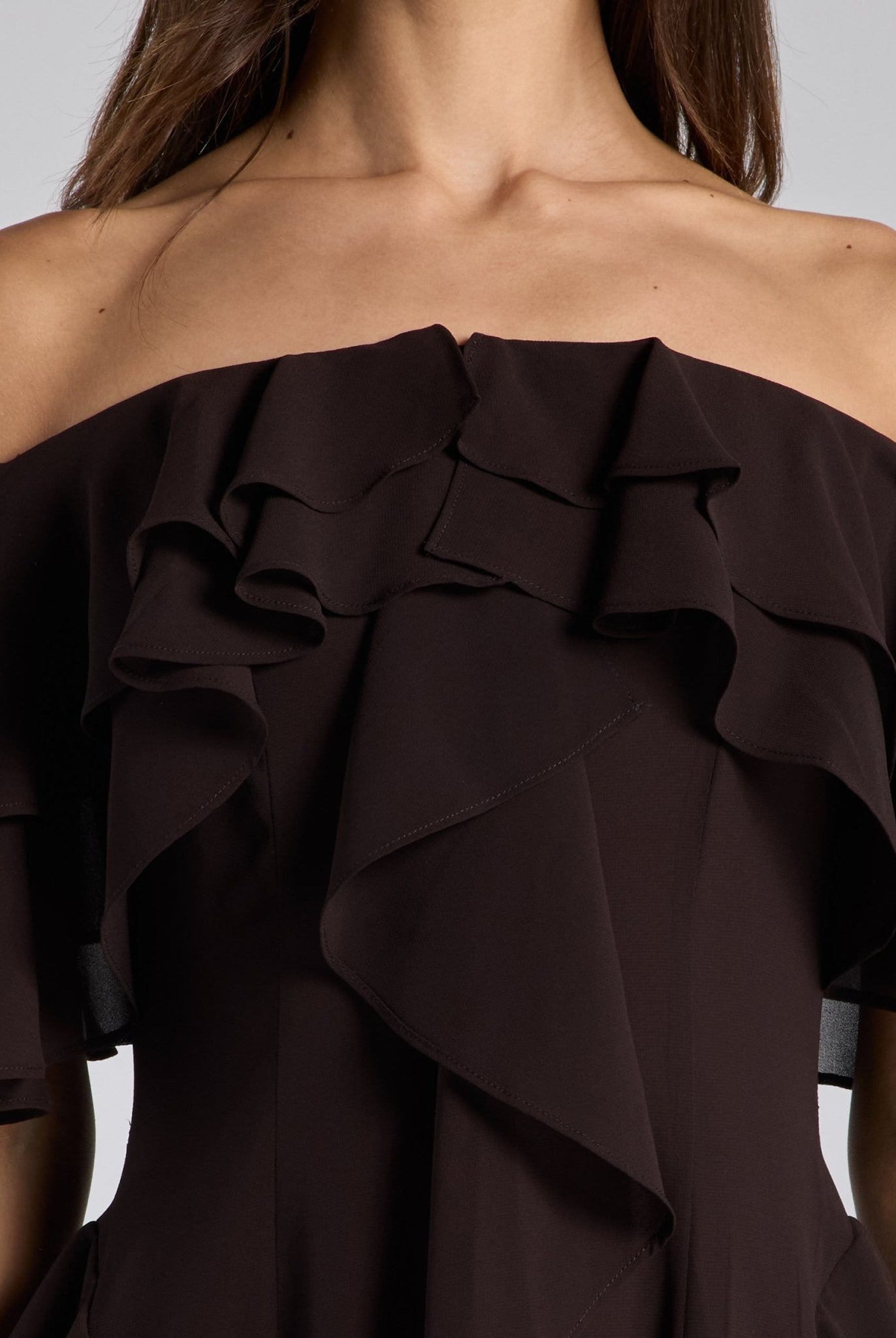 Dark Brown Off Shoulder Velvet Maxi Dress With Ruffles - shopaleena