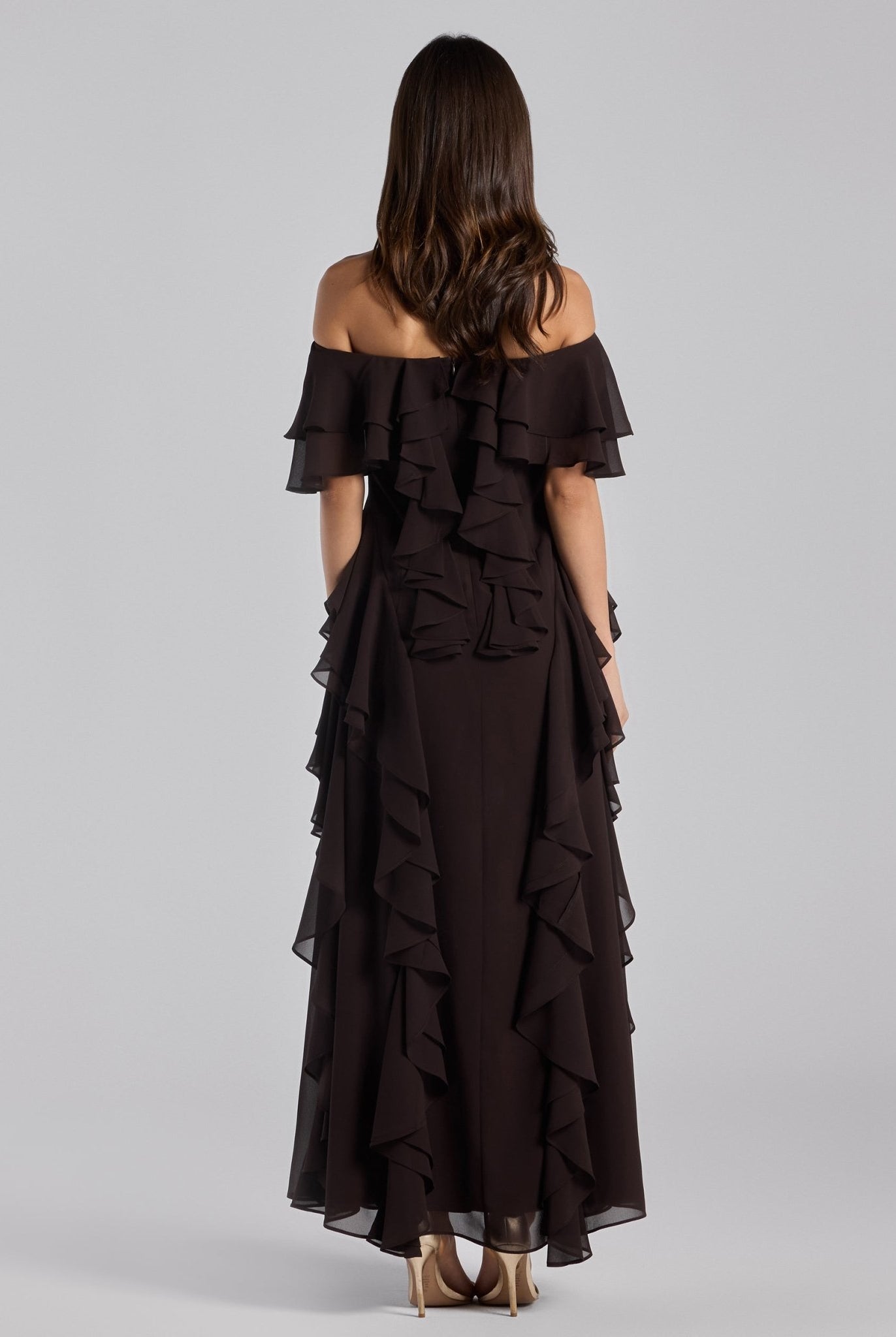 Dark Brown Off Shoulder Velvet Maxi Dress With Ruffles - shopaleena