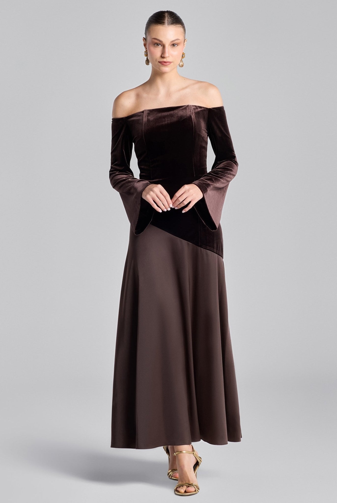 Dark Brown Off - Shoulder Velvet & Satin Balloon Sleeve Dress - shopaleena