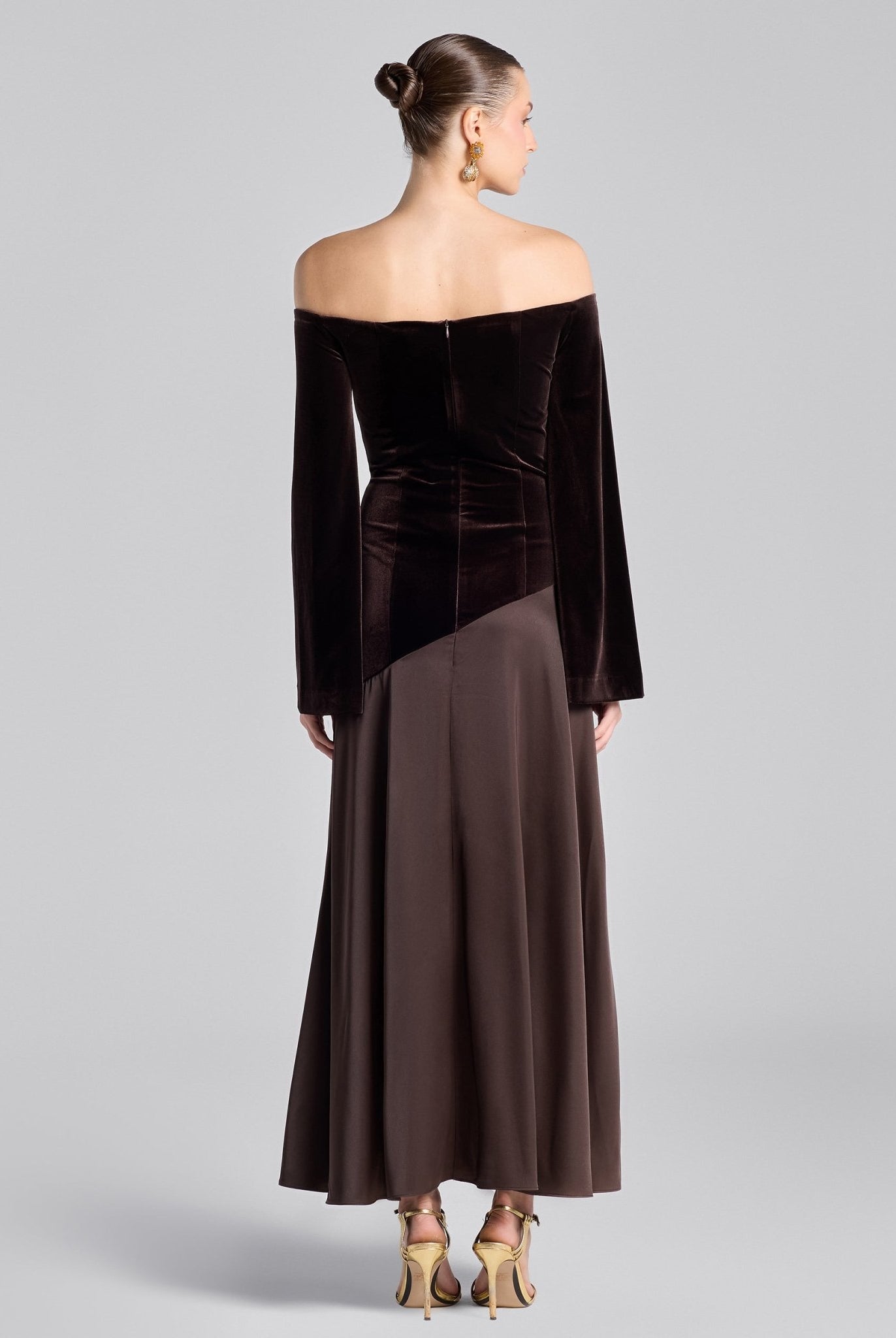 Dark Brown Off - Shoulder Velvet & Satin Balloon Sleeve Dress - shopaleena
