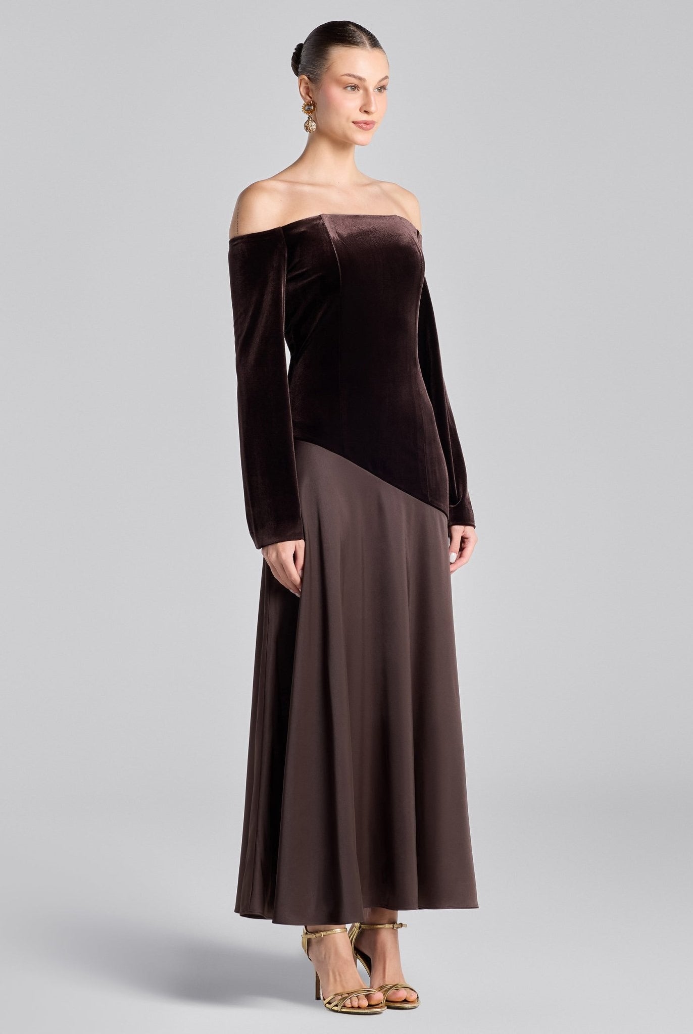 Dark Brown Off - Shoulder Velvet & Satin Balloon Sleeve Dress - shopaleena