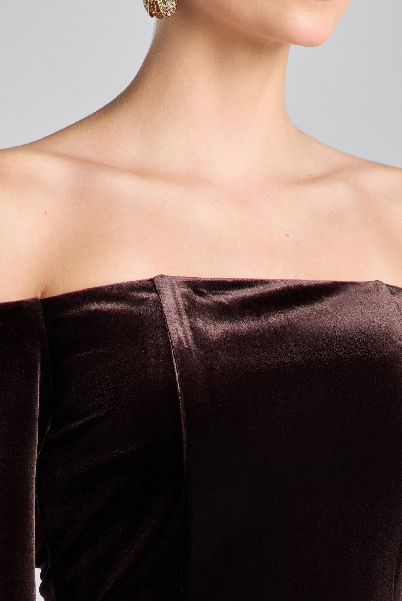 Dark Brown Off - Shoulder Velvet & Satin Balloon Sleeve Dress - shopaleena