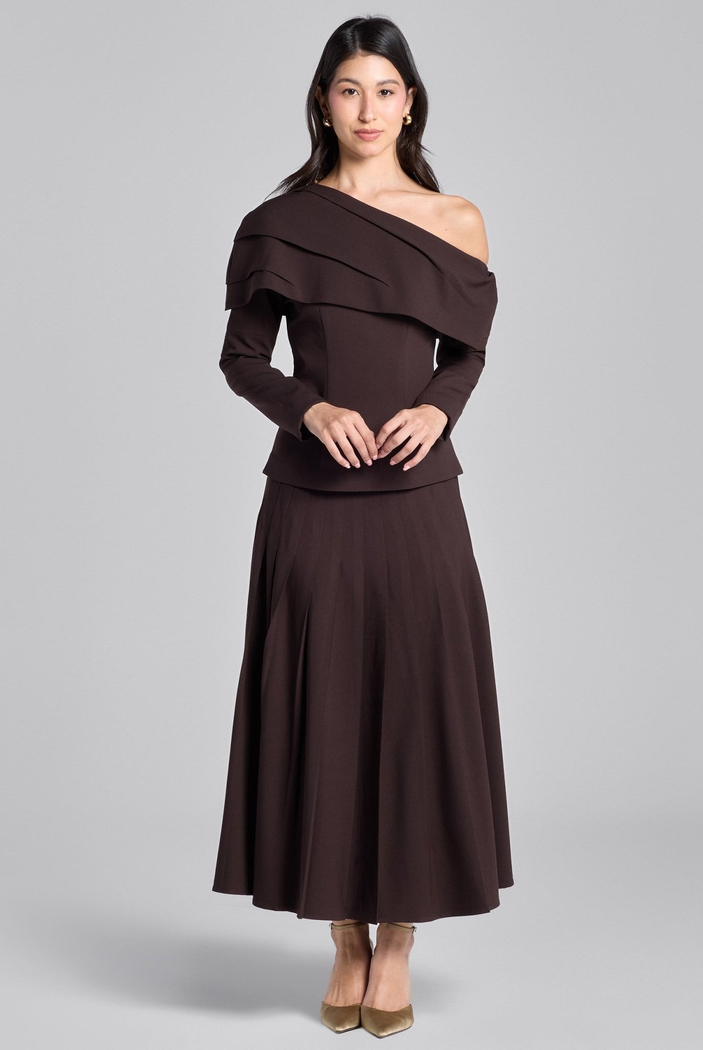 Dark Brown Pleated Crepe Maxi Skirt - shopaleena
