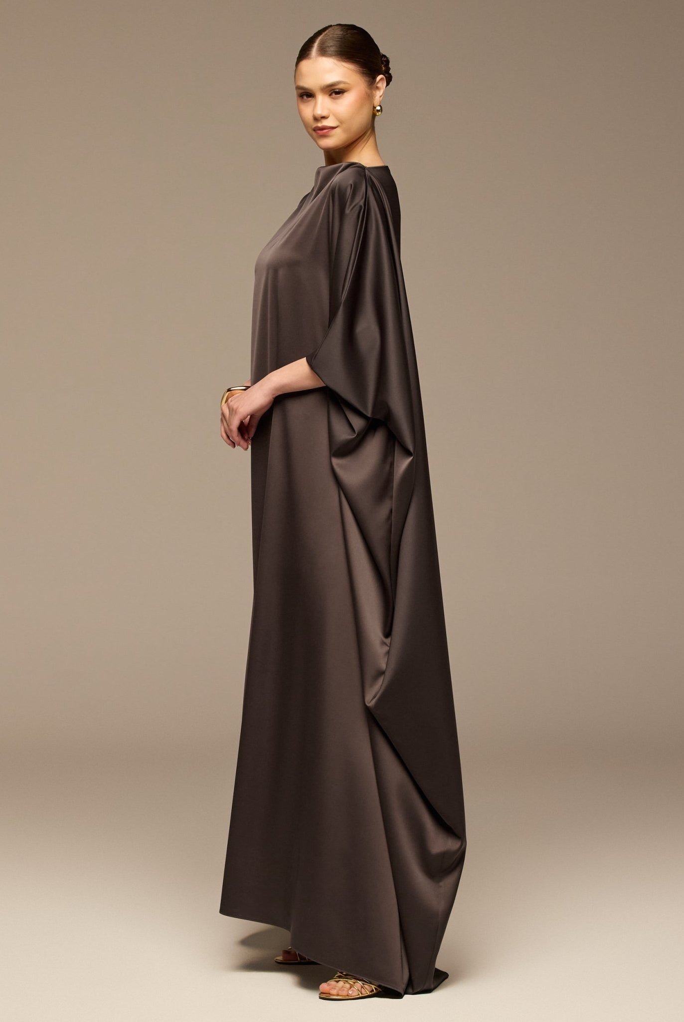 Dark Brown Satin Cape Drape Kaftan - shopaleena