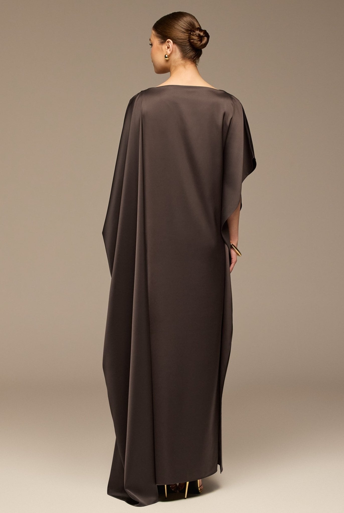 Dark Brown Satin Cape Drape Kaftan - shopaleena