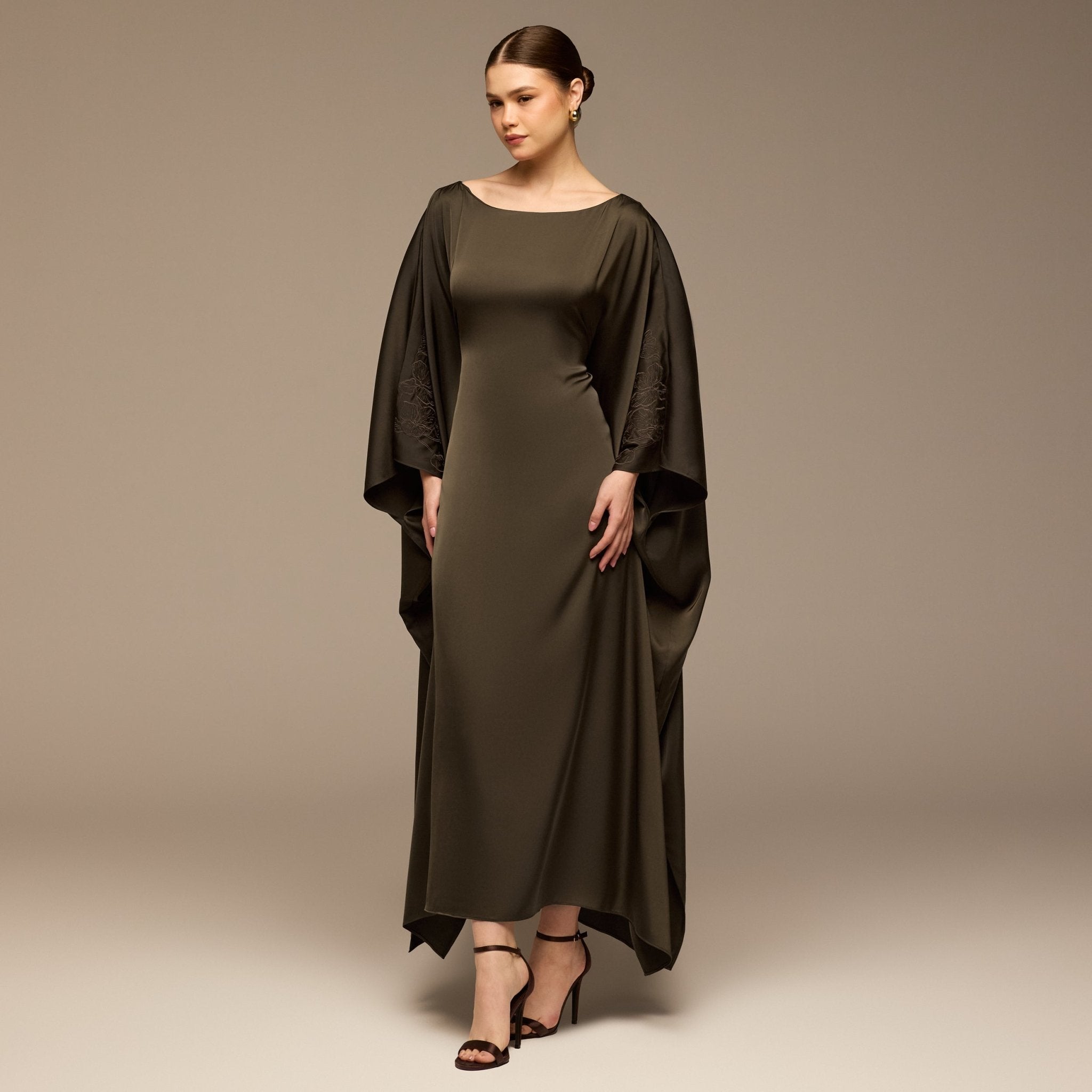 Dark Brown Satin Flowy Maxi Dress - shopaleena