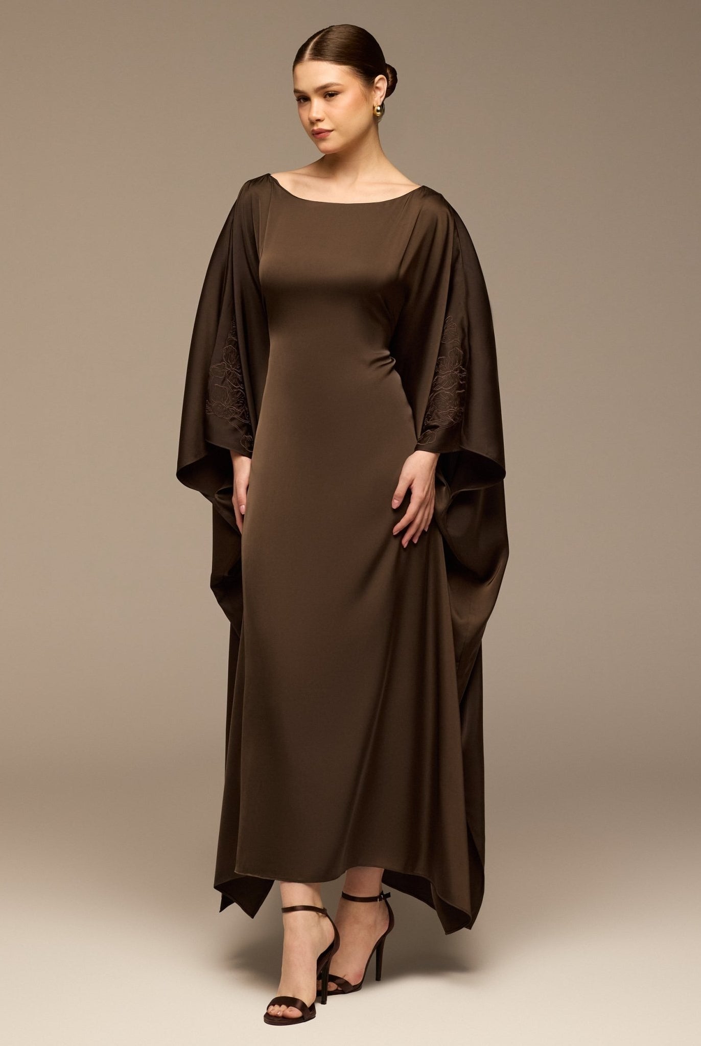 Dark Brown Satin Flowy Maxi Dress - shopaleena