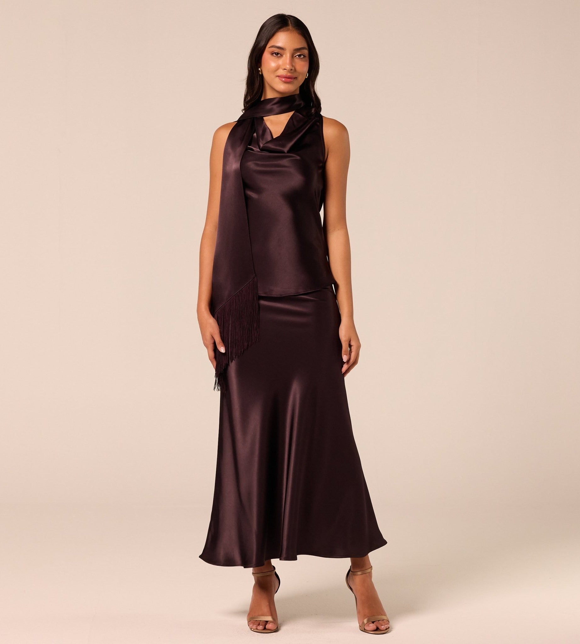 Dark Brown Satin Maxi Skirt - shopaleena