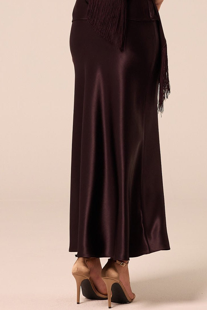 Dark Brown Satin Maxi Skirt - shopaleena