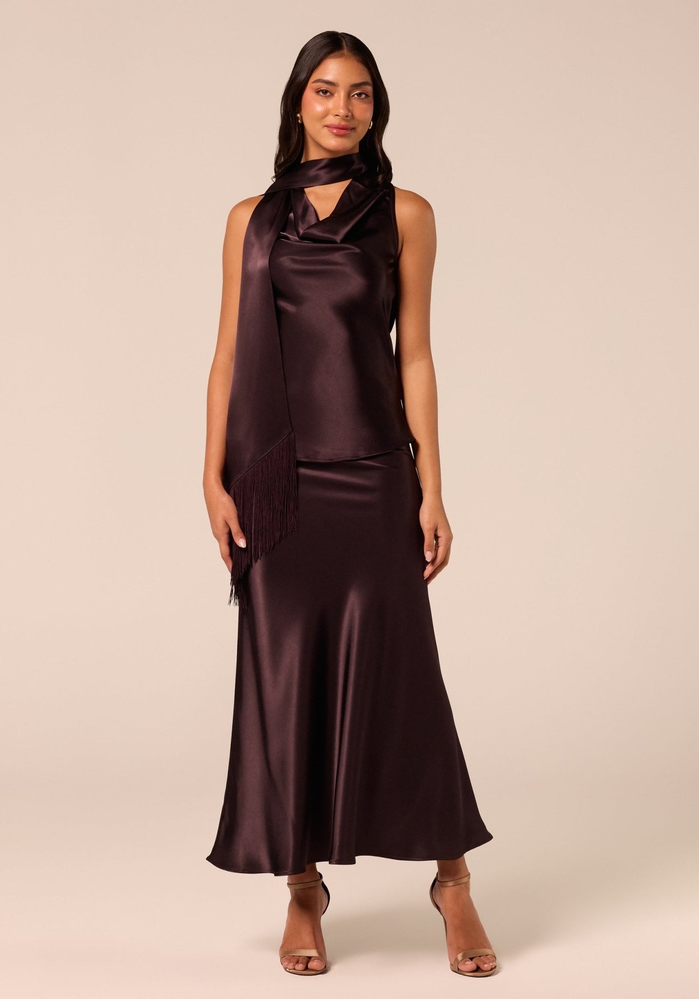 Dark Brown Satin Maxi Skirt - shopaleena