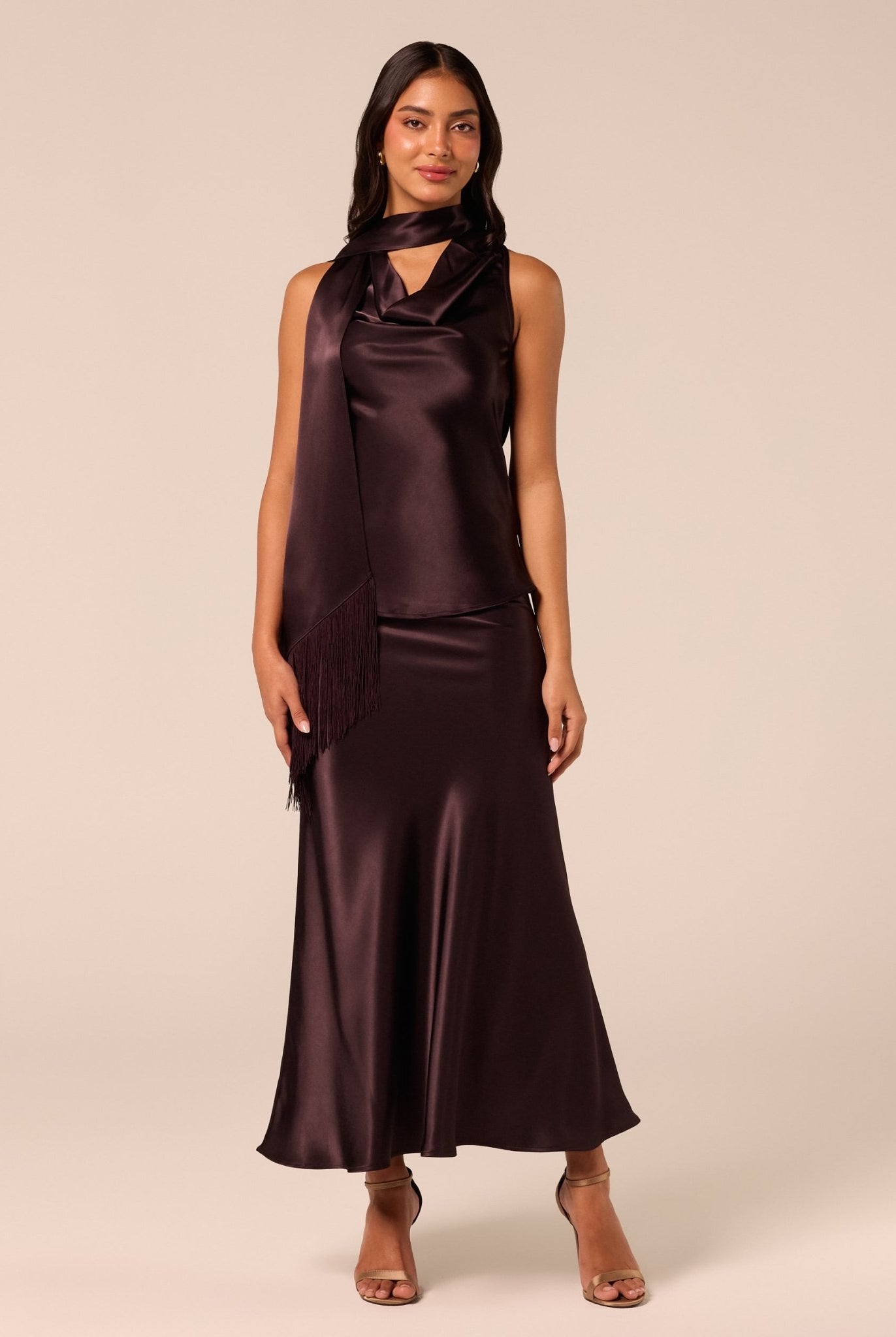 Dark Brown Satin Maxi Skirt - shopaleena
