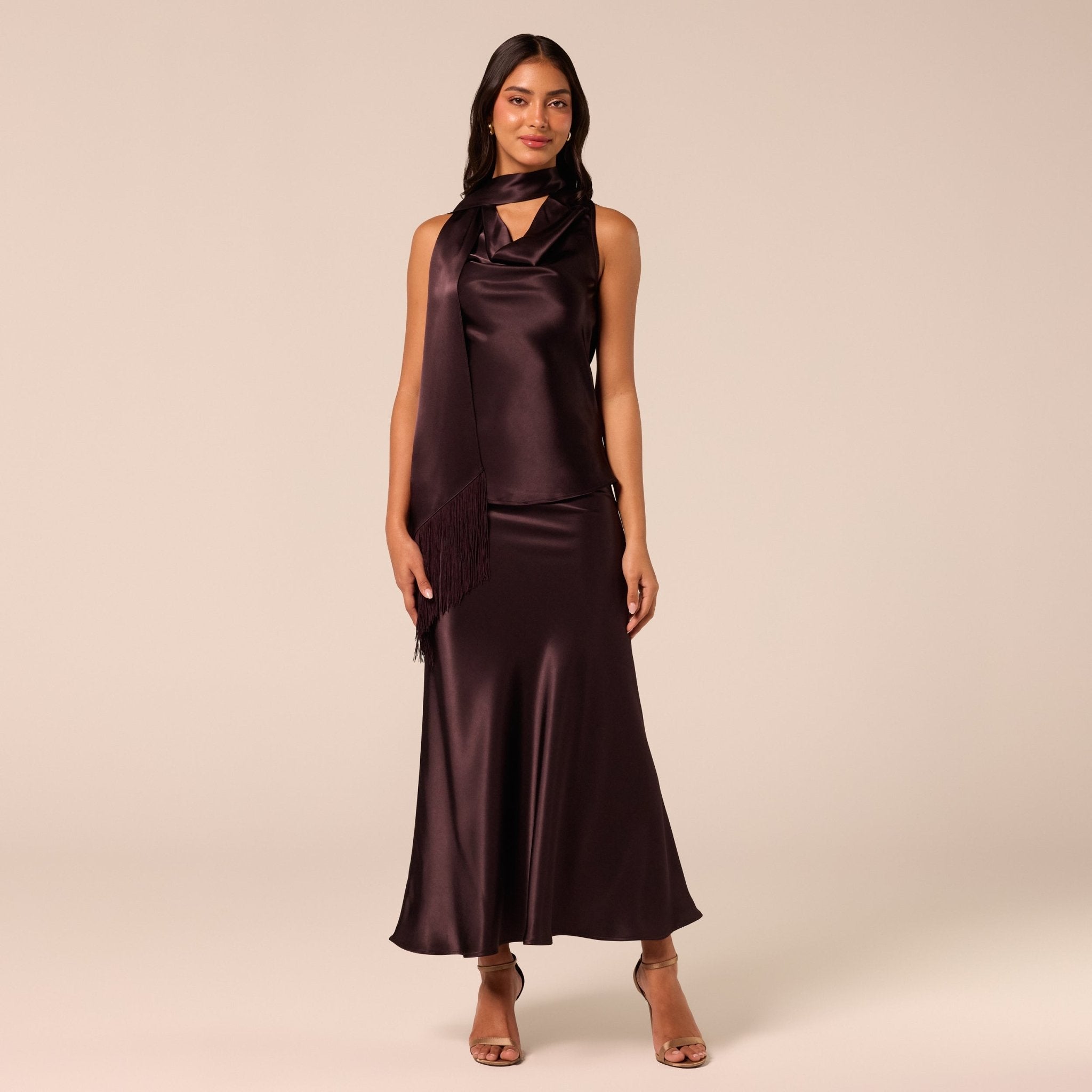 Dark Brown Satin Maxi Skirt - shopaleena