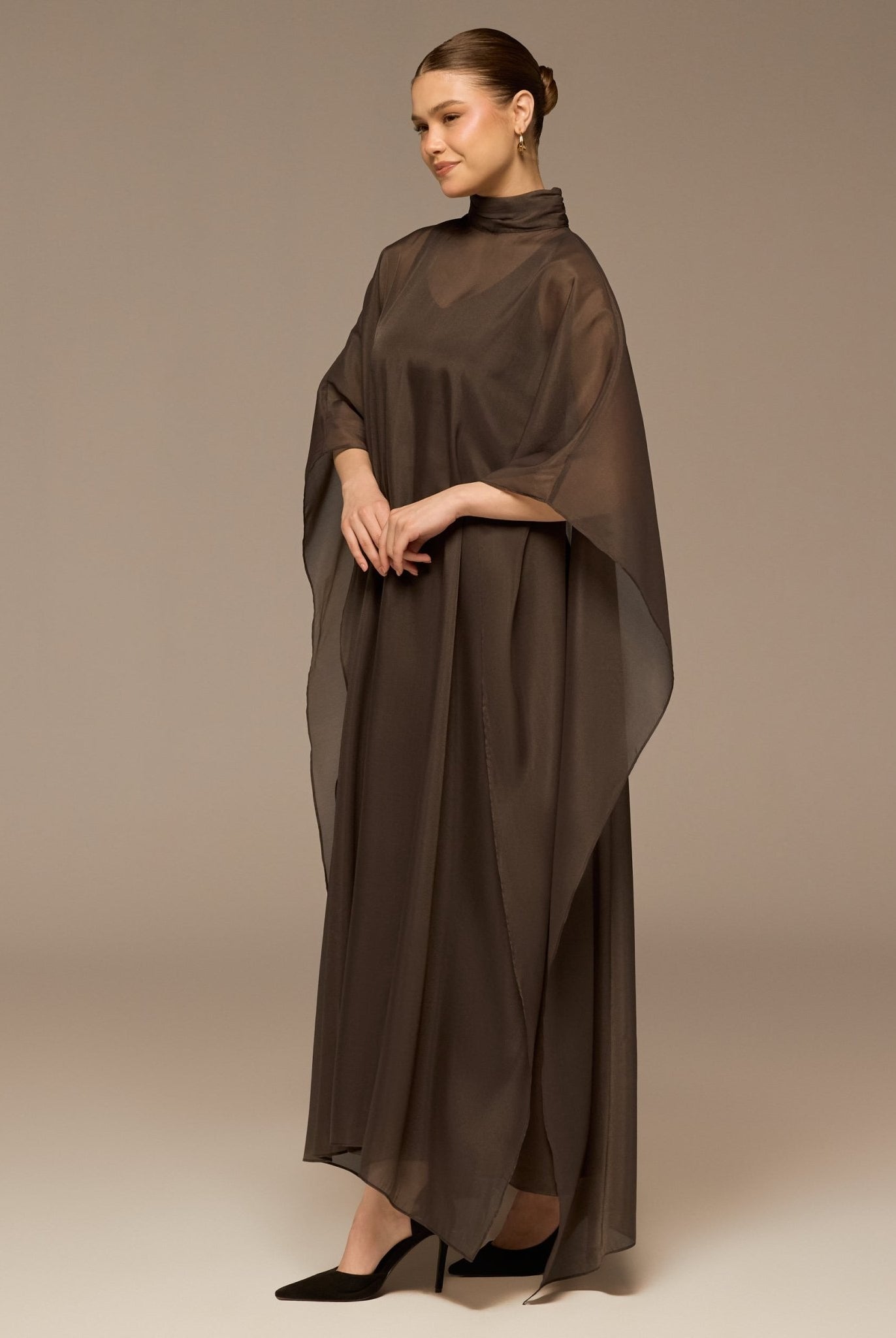 Dark Brown Satin Organza High - Neck Cape - shopaleena