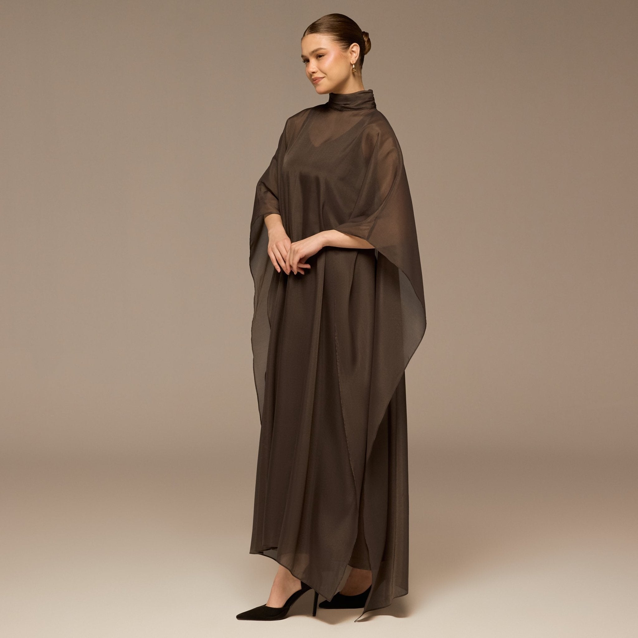 Dark Brown Satin Organza High - Neck Cape - shopaleena