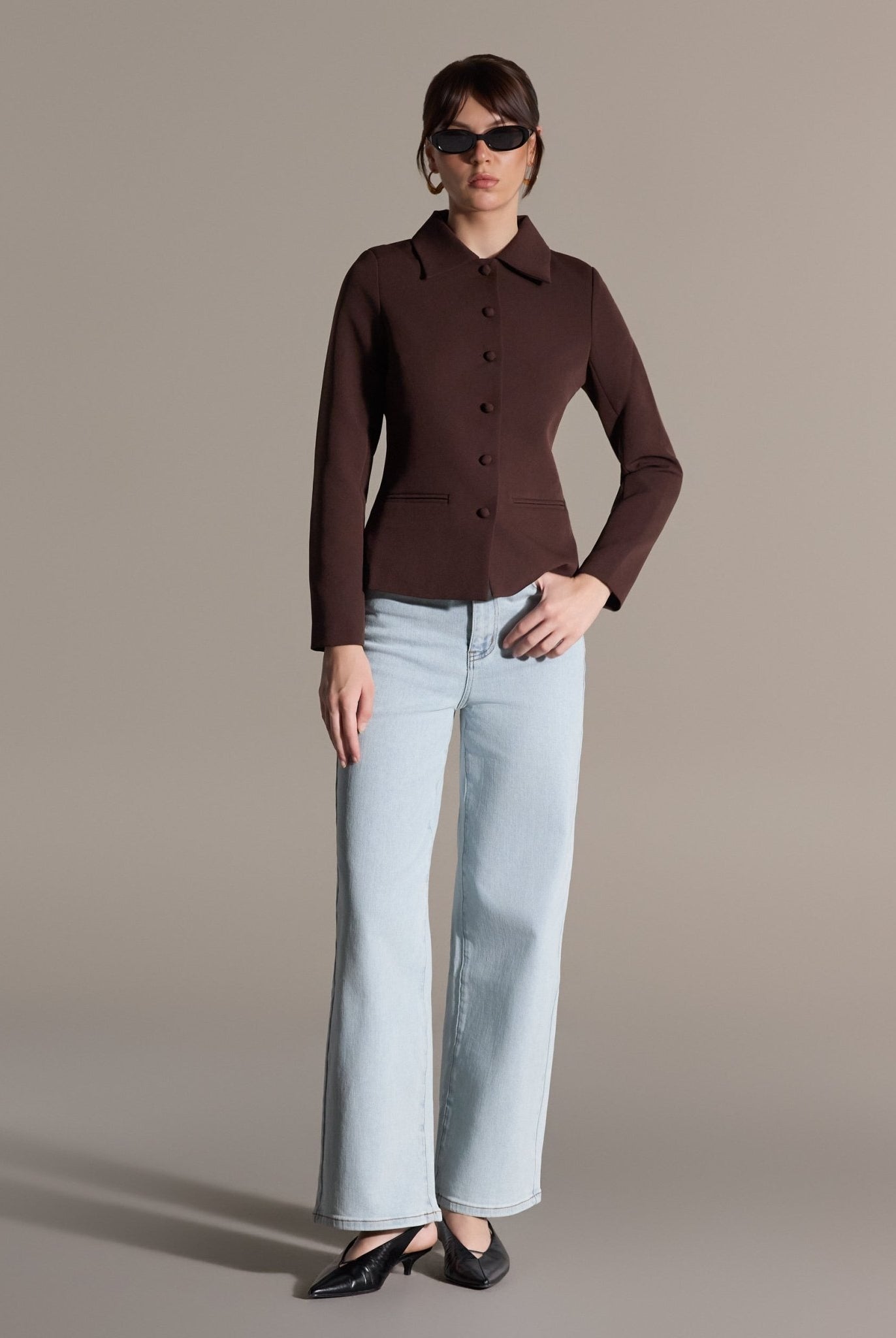Dark Brown Twill Fitted Jacket - shopaleena