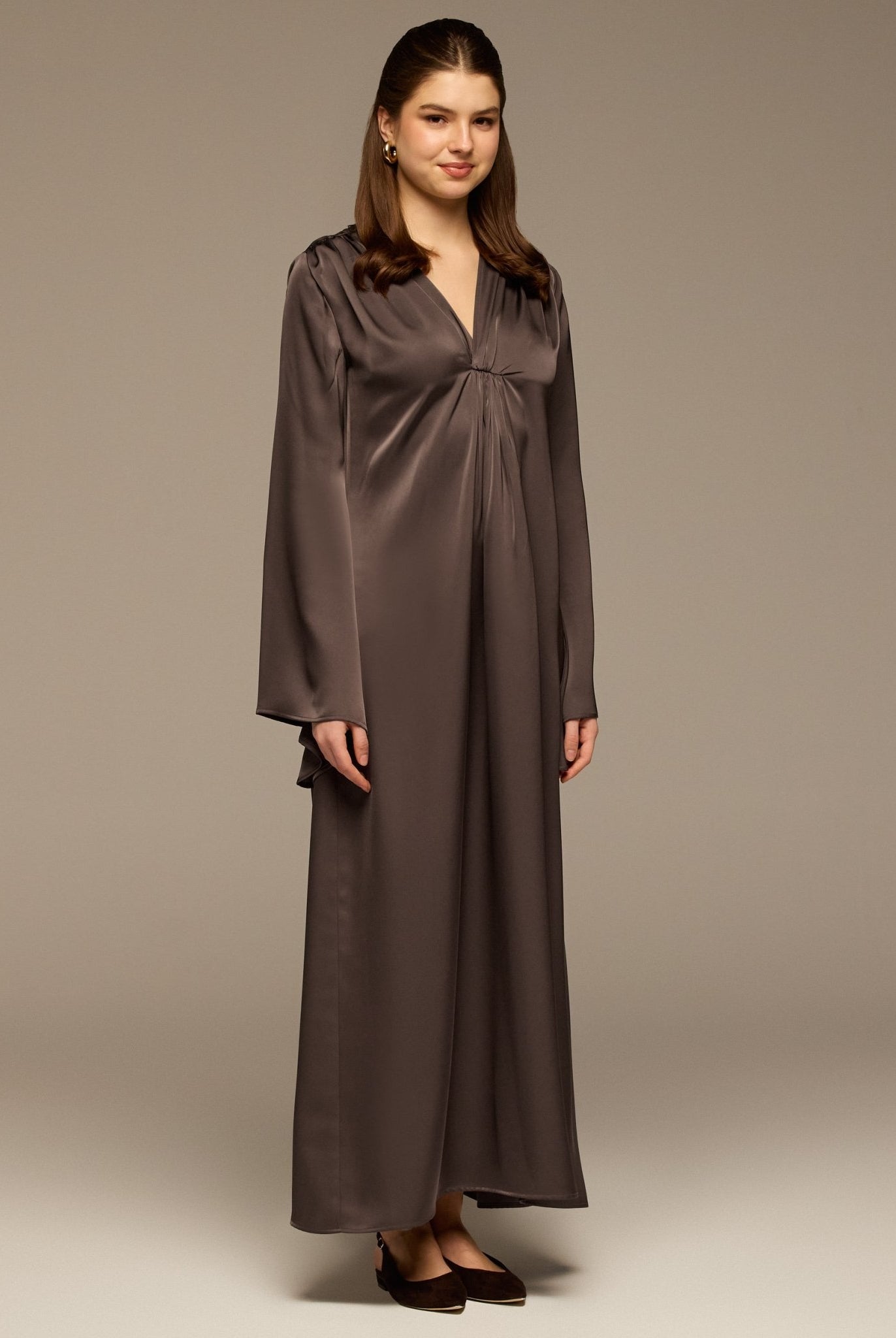Dark Brown V - Neck Flared Sleeve Satin Kaftan - shopaleena