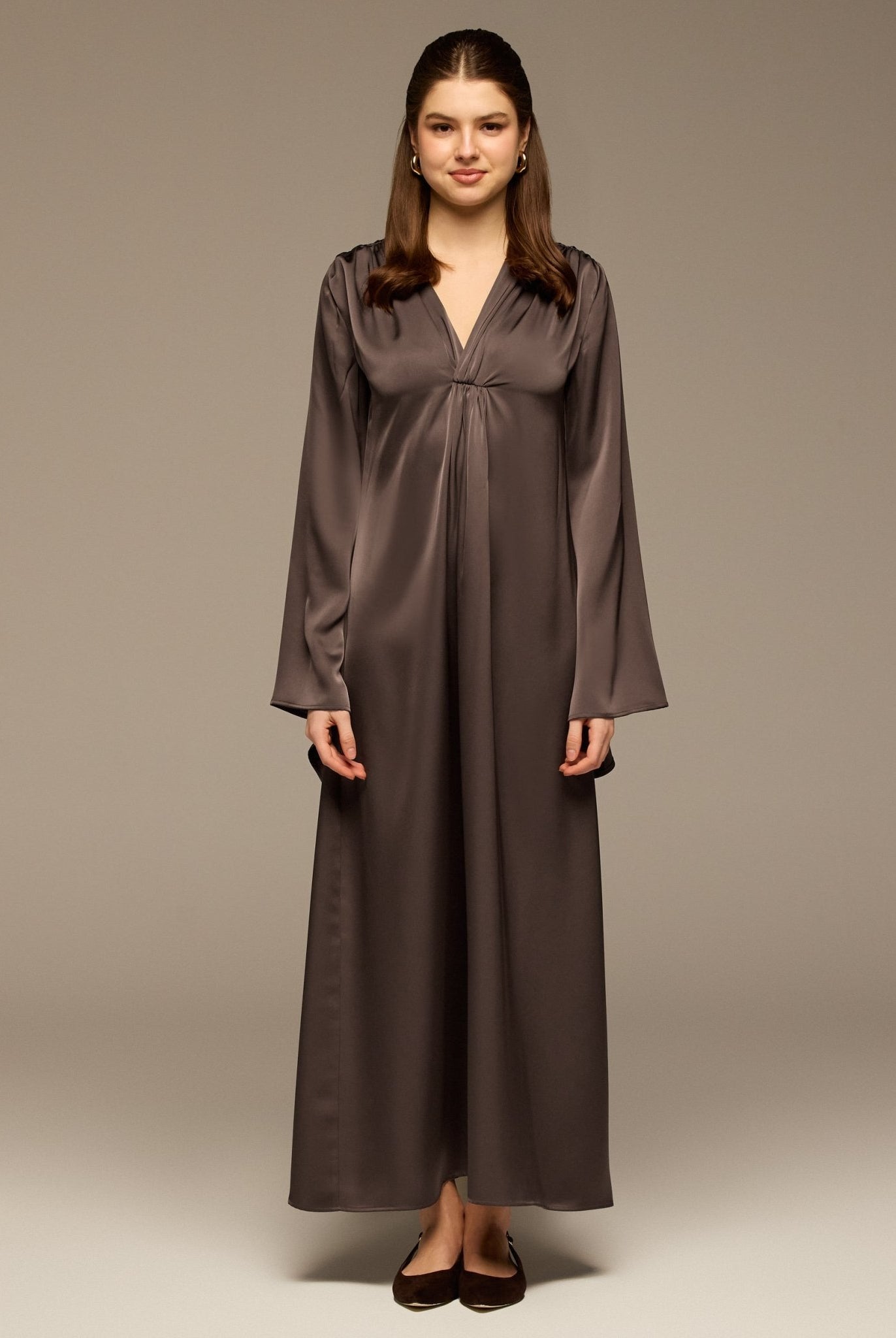 Dark Brown V - Neck Flared Sleeve Satin Kaftan - shopaleena