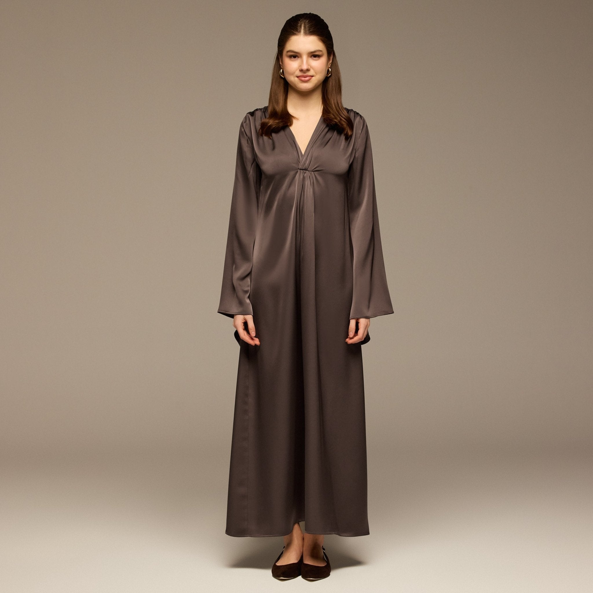 Dark Brown V - Neck Flared Sleeve Satin Kaftan - shopaleena