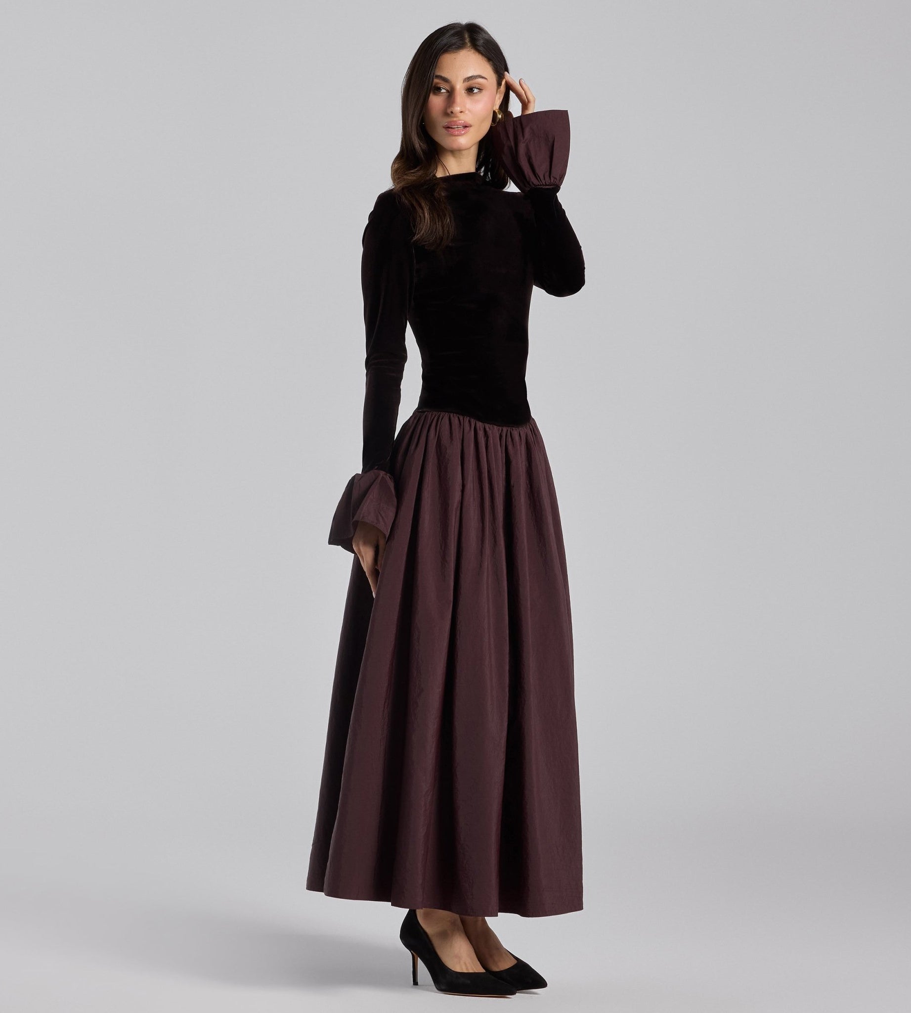Dark Brown Velvet and Taffeta Maxi Dress with Ruffled Hem - shopaleena