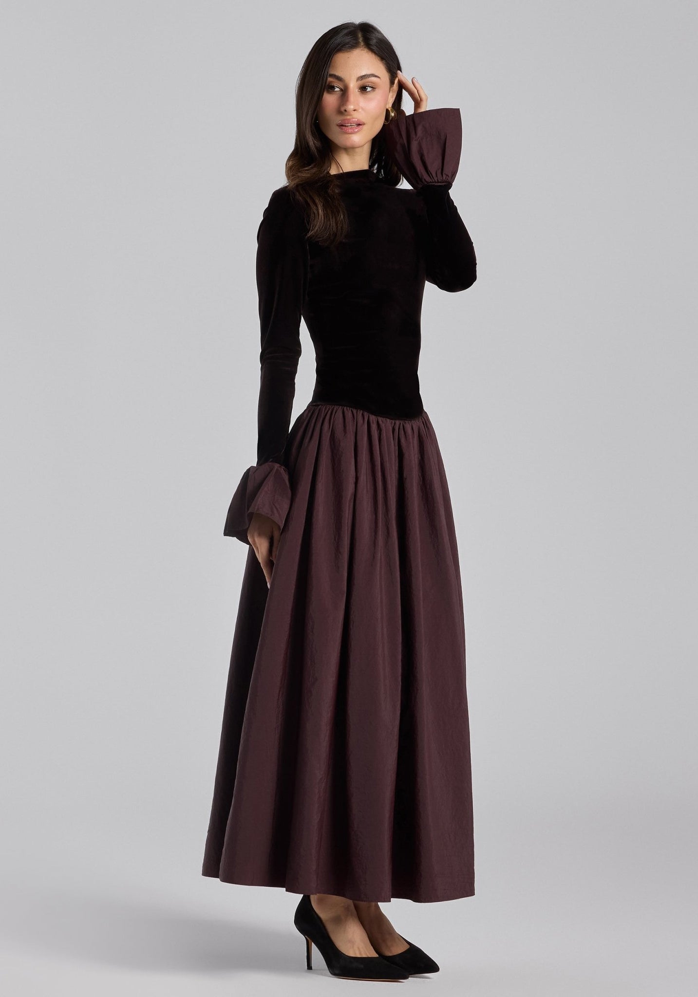 Dark Brown Velvet and Taffeta Maxi Dress with Ruffled Hem - shopaleena