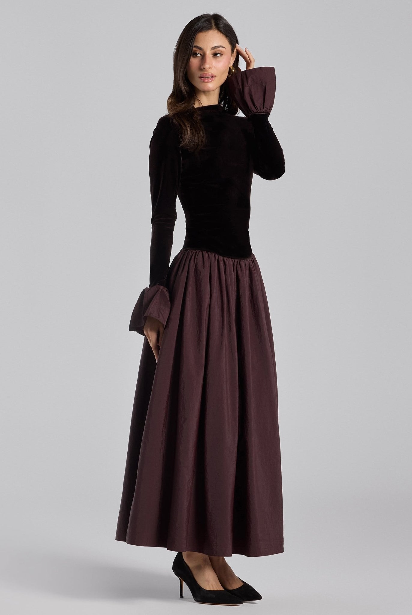 Dark Brown Velvet and Taffeta Maxi Dress with Ruffled Hem - shopaleena
