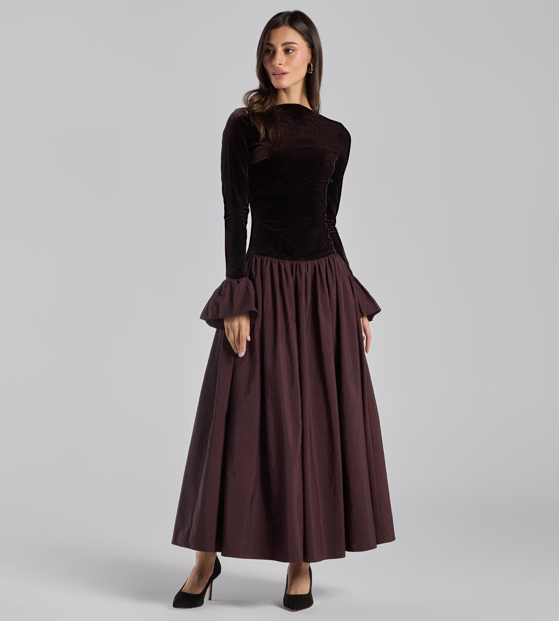 Dark Brown Velvet and Taffeta Maxi Dress with Ruffled Hem - shopaleena