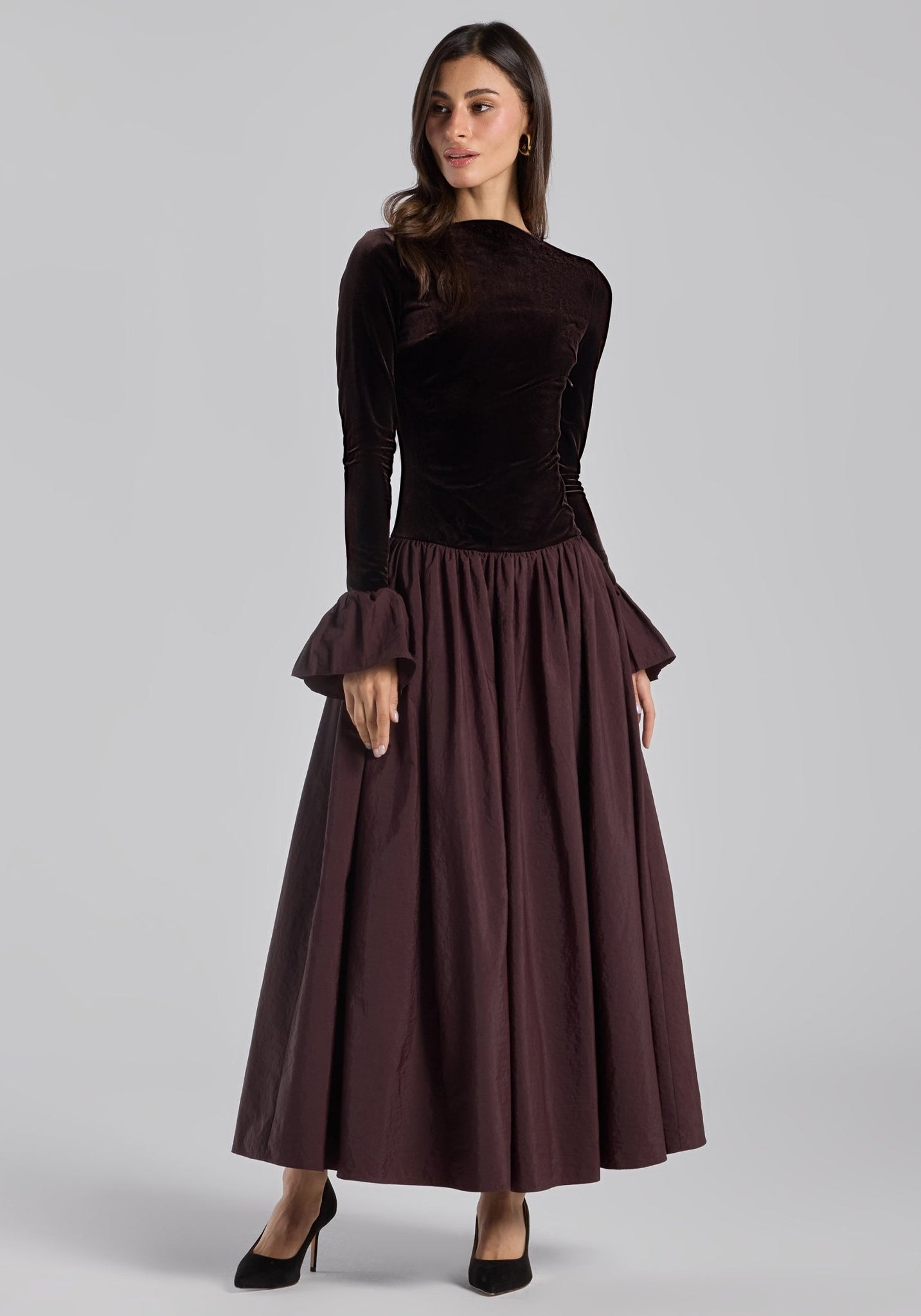 Dark Brown Velvet and Taffeta Maxi Dress with Ruffled Hem - shopaleena