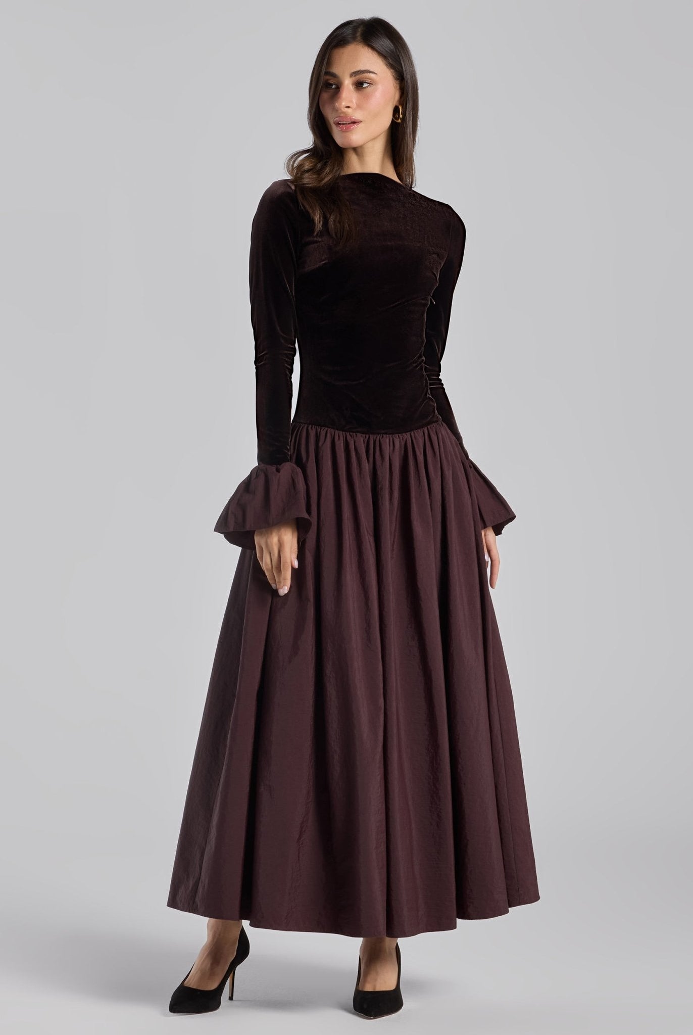 Dark Brown Velvet and Taffeta Maxi Dress with Ruffled Hem - shopaleena