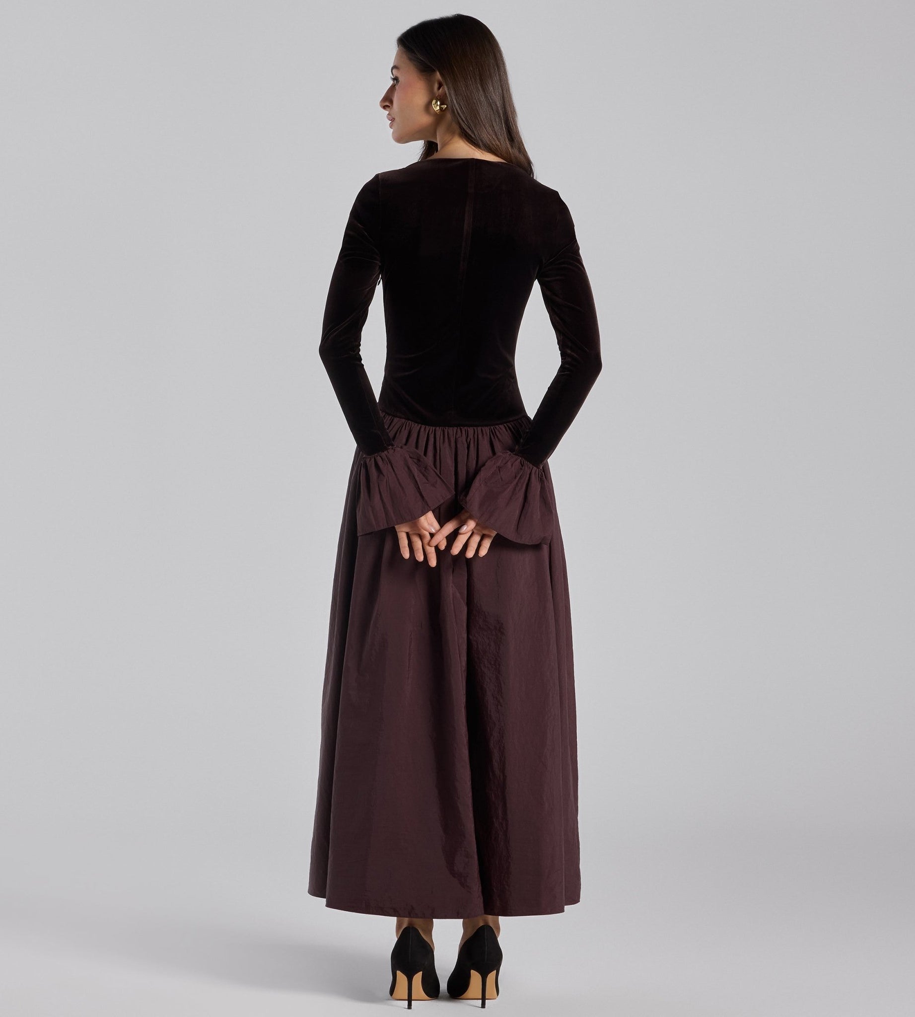 Dark Brown Velvet and Taffeta Maxi Dress with Ruffled Hem - shopaleena