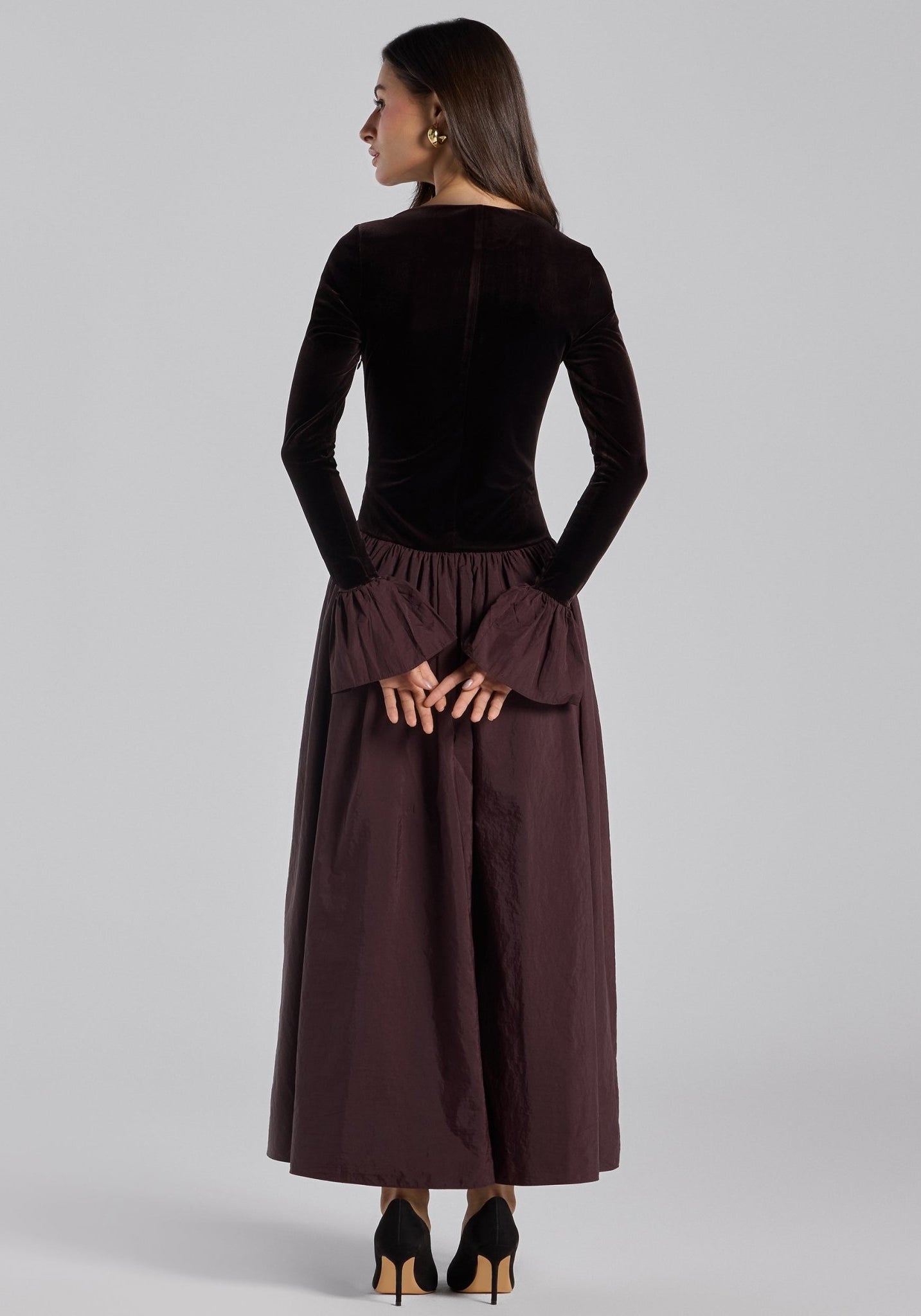 Dark Brown Velvet and Taffeta Maxi Dress with Ruffled Hem - shopaleena