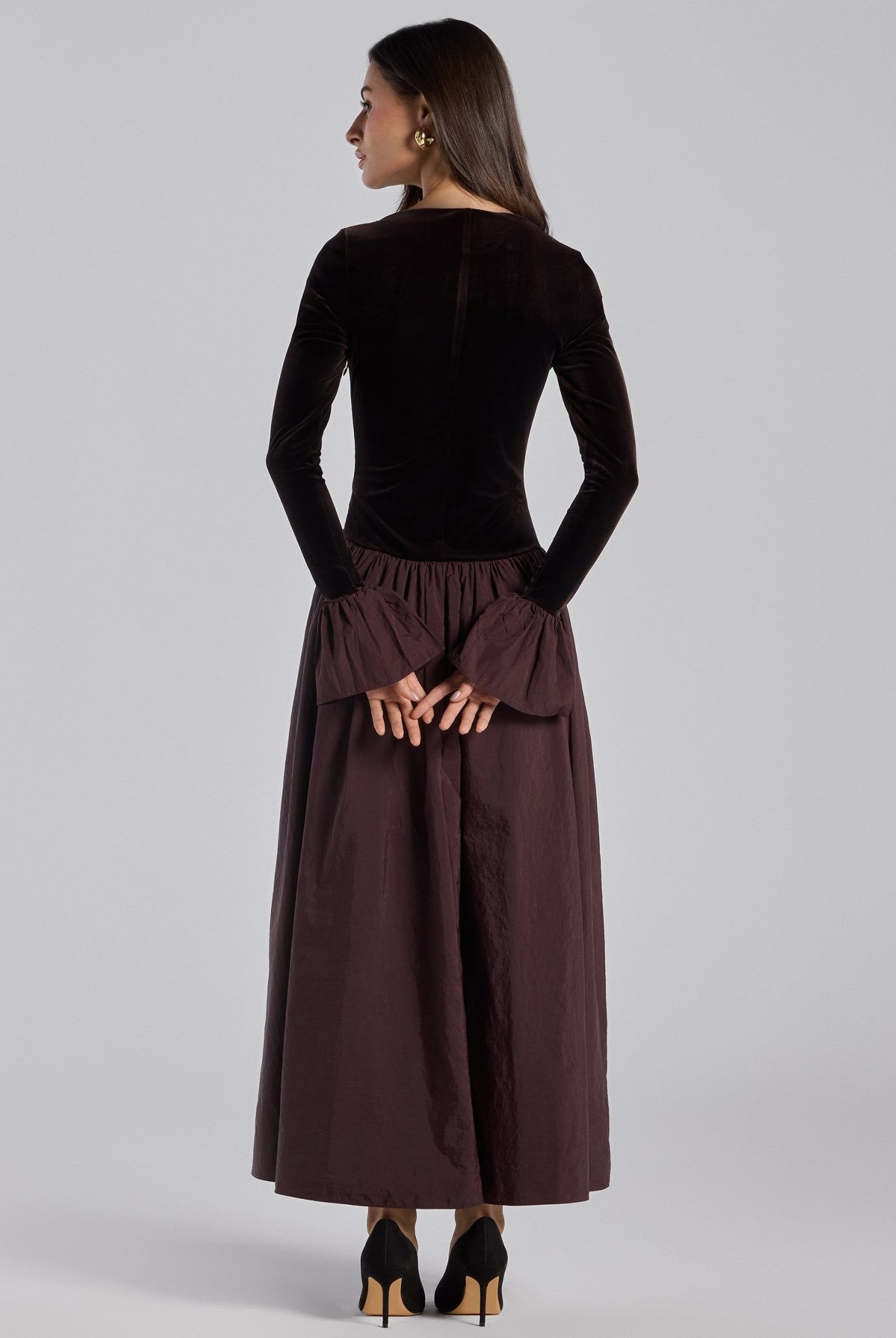 Dark Brown Velvet and Taffeta Maxi Dress with Ruffled Hem - shopaleena