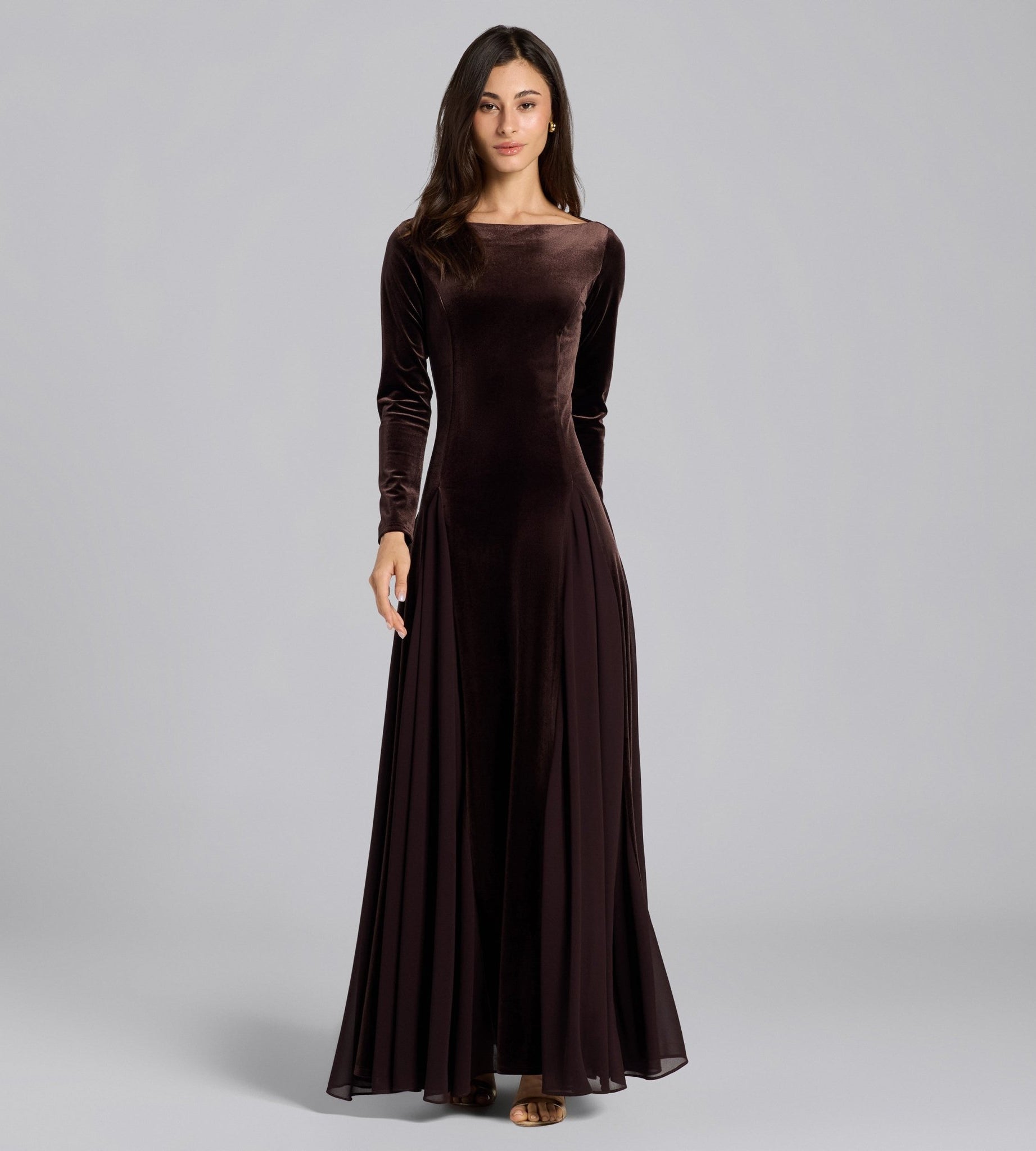 Dark Brown Velvet Ruffled Panel Maxi Dress - shopaleena