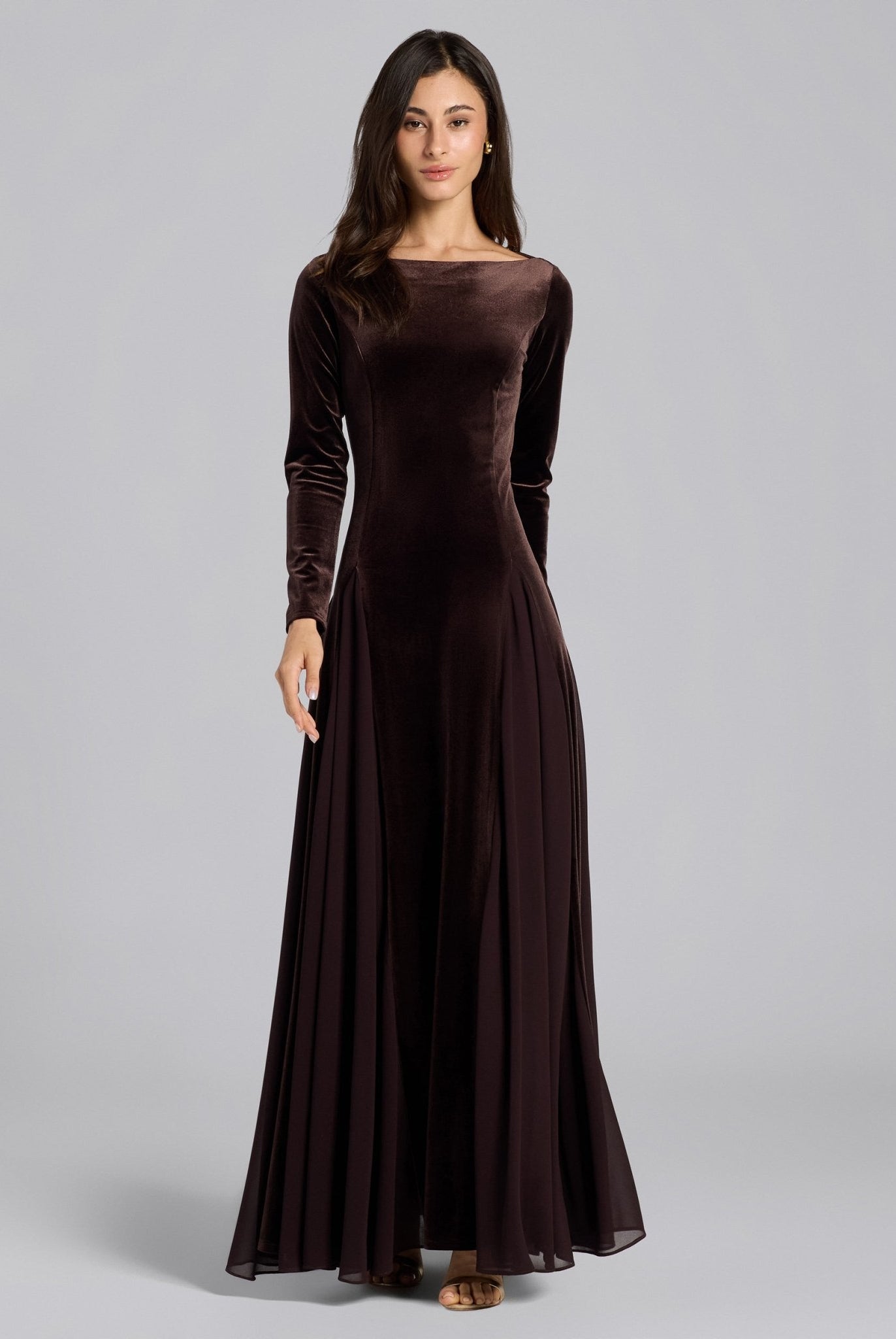 Dark Brown Velvet Ruffled Panel Maxi Dress - shopaleena