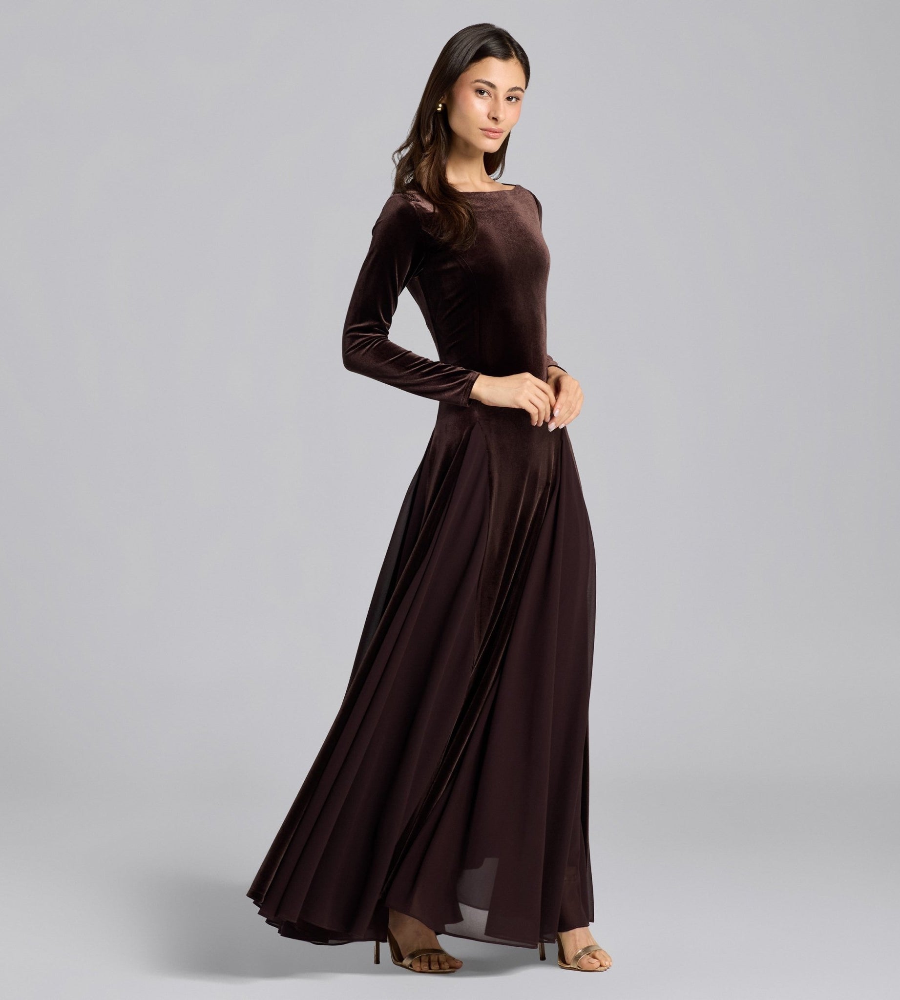 Dark Brown Velvet Ruffled Panel Maxi Dress - shopaleena