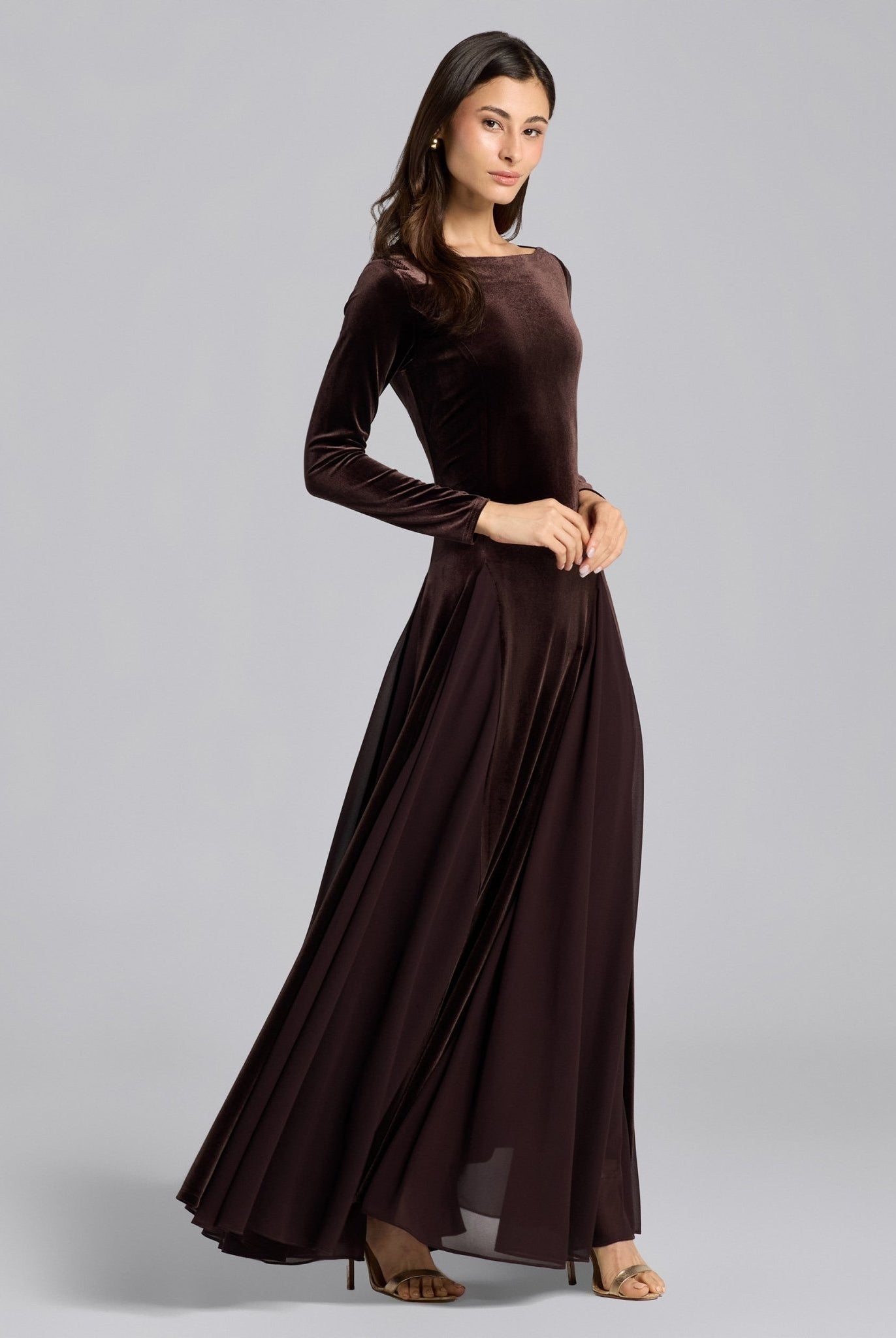 Dark Brown Velvet Ruffled Panel Maxi Dress - shopaleena