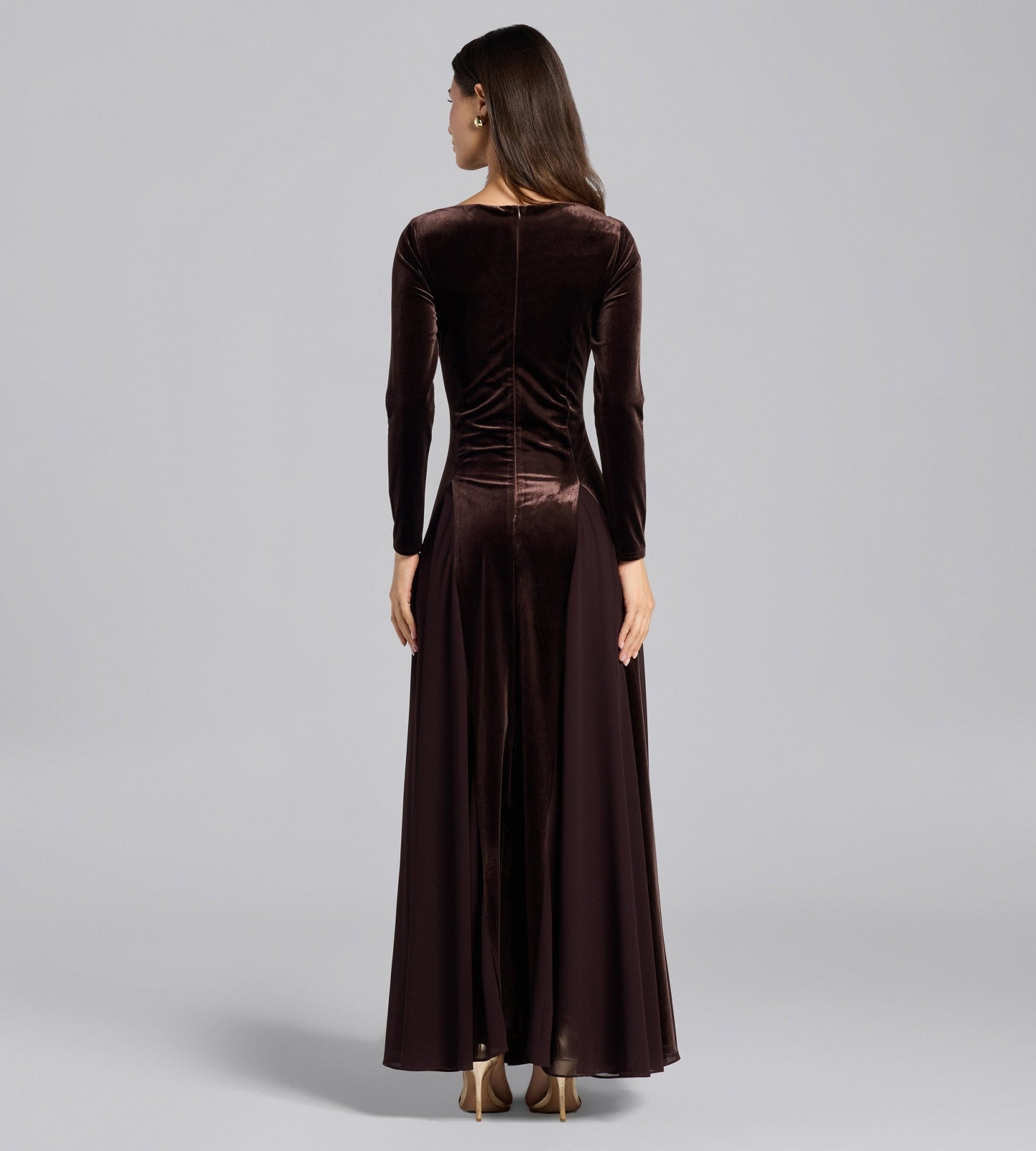 Dark Brown Velvet Ruffled Panel Maxi Dress - shopaleena