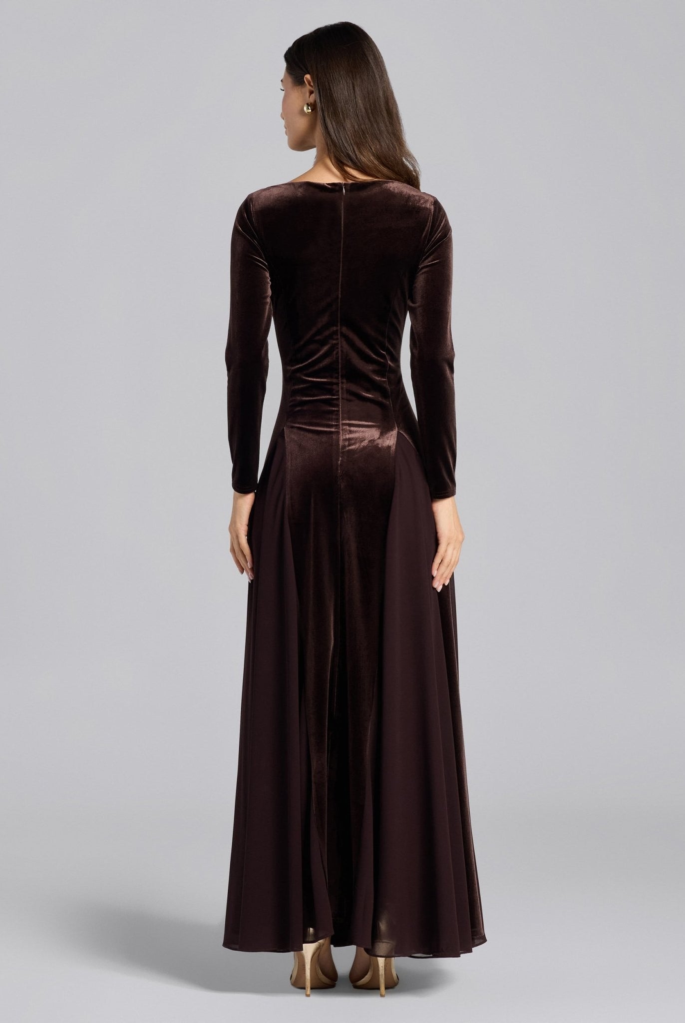 Dark Brown Velvet Ruffled Panel Maxi Dress - shopaleena