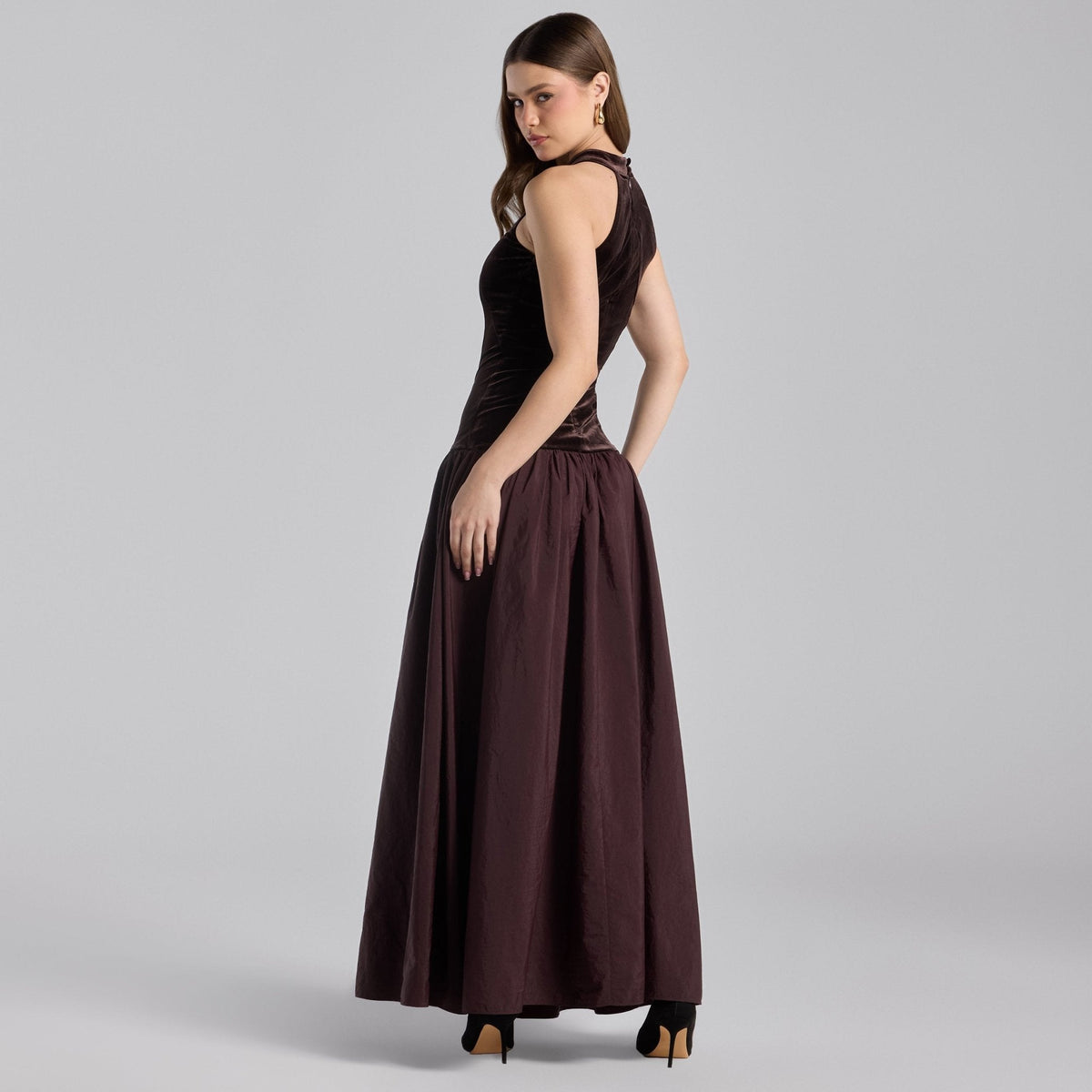 Dark Brown Velvet - Taffeta Halter Dress - shopaleena