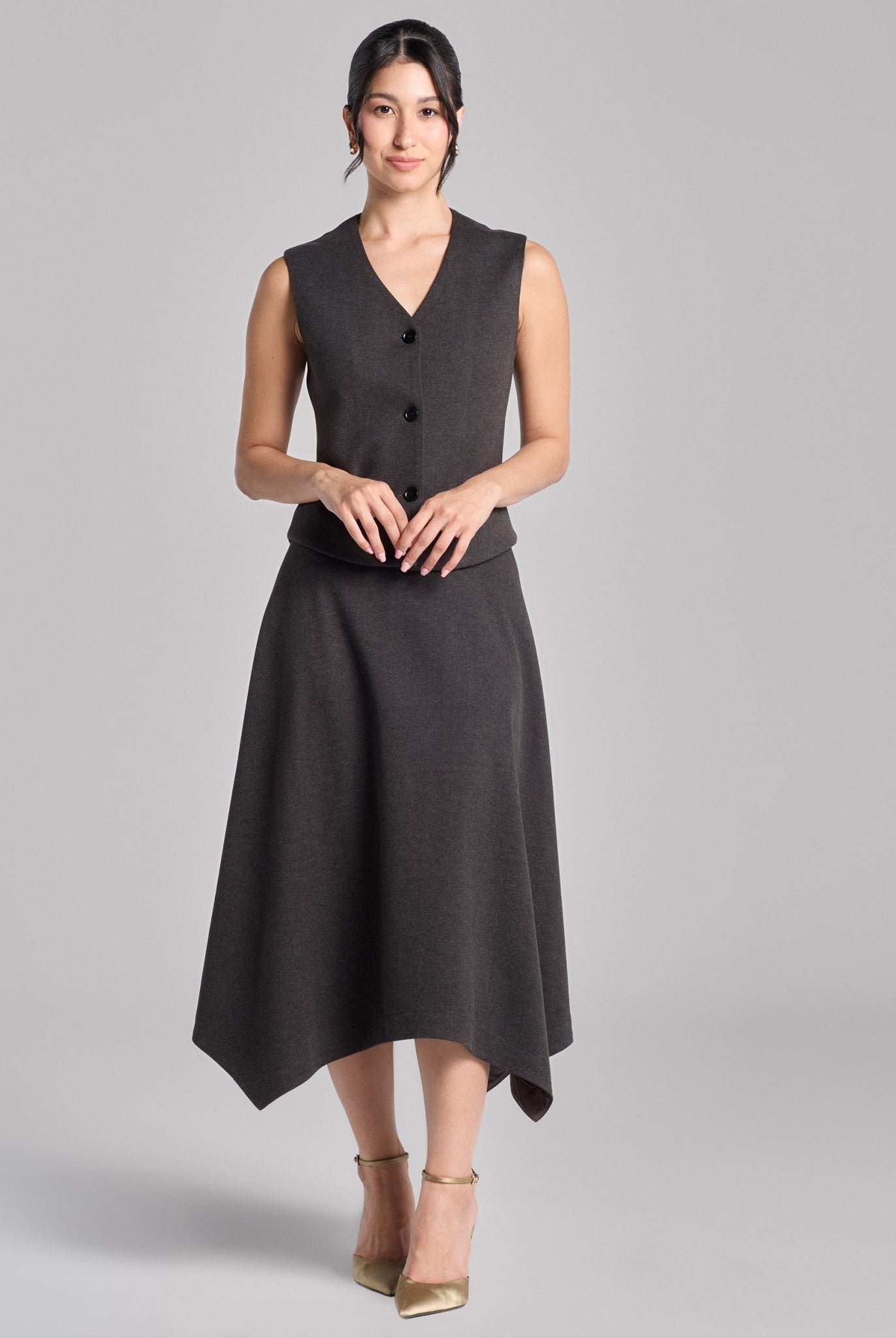 Dark Gray Button - Front Twill Top & Midi Skirt Set - shopaleena