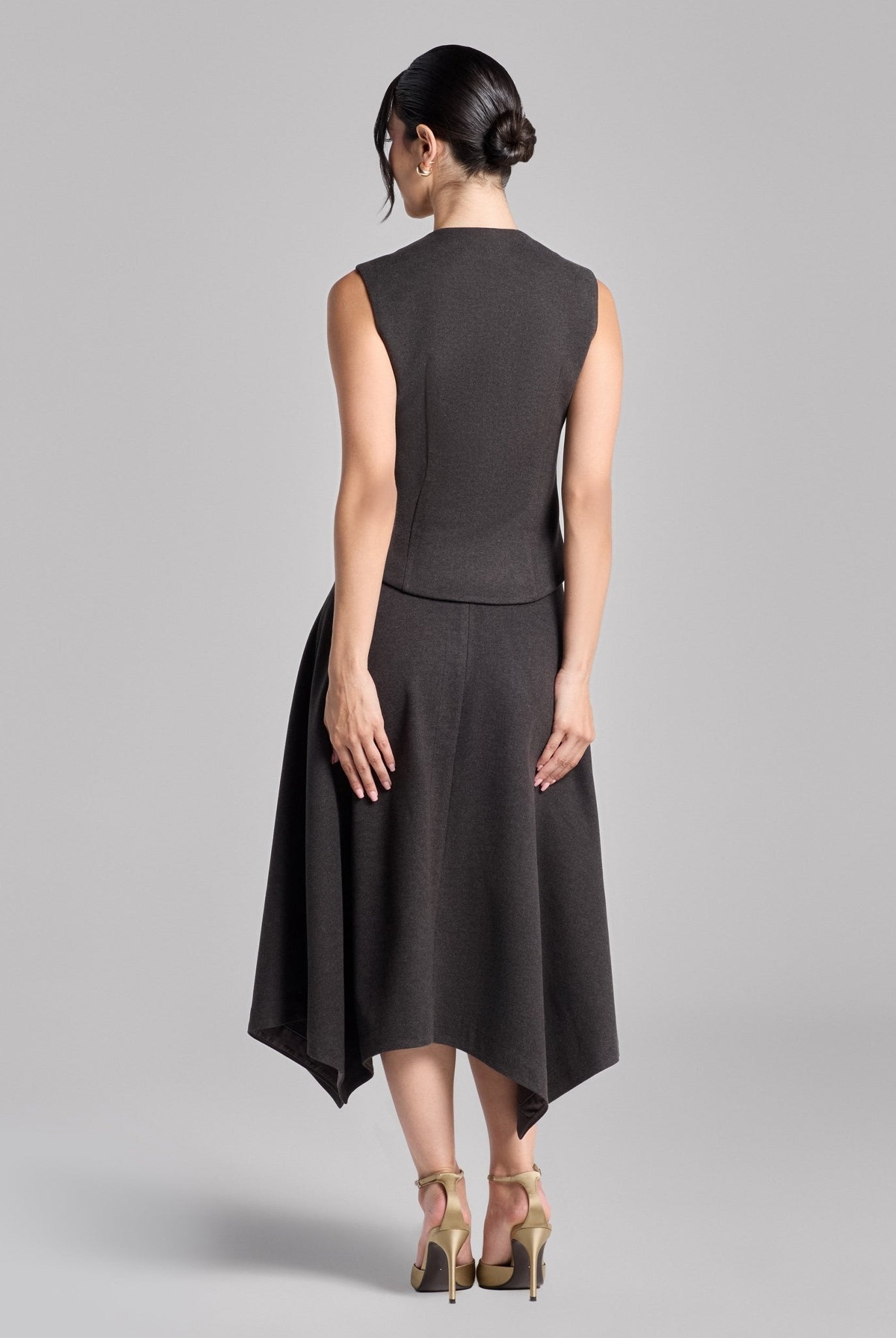 Dark Gray Button - Front Twill Top & Midi Skirt Set - shopaleena