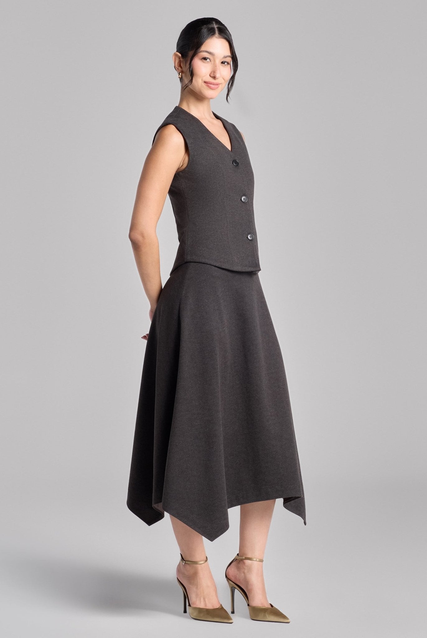 Dark Gray Button - Front Twill Top & Midi Skirt Set - shopaleena