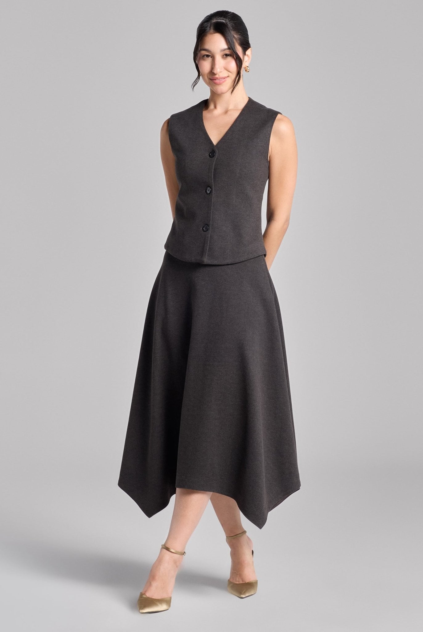 Dark Gray Button - Front Twill Top & Midi Skirt Set - shopaleena