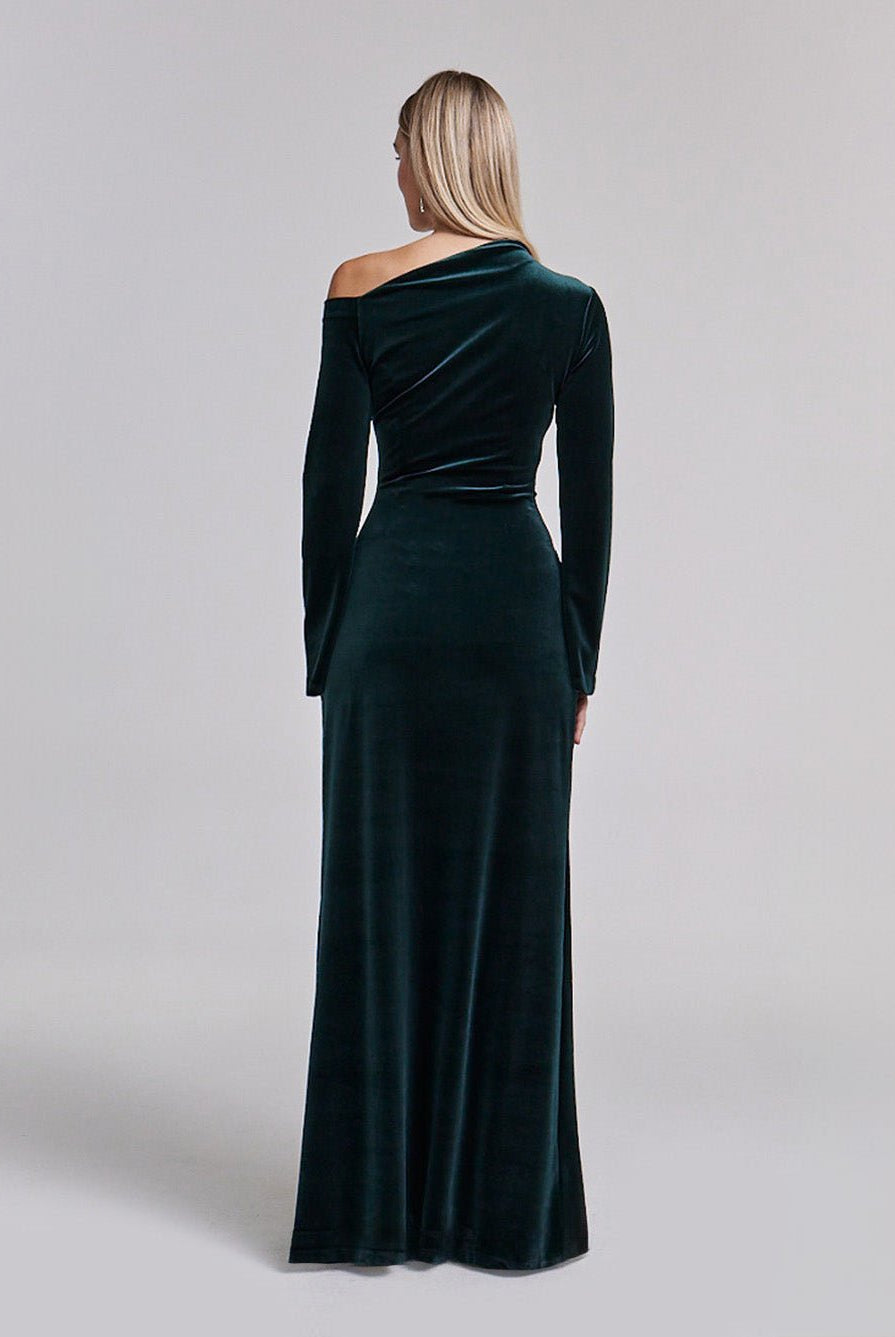 Dark Green Velvet Bare Shoulder Maxi Dress - shopaleena