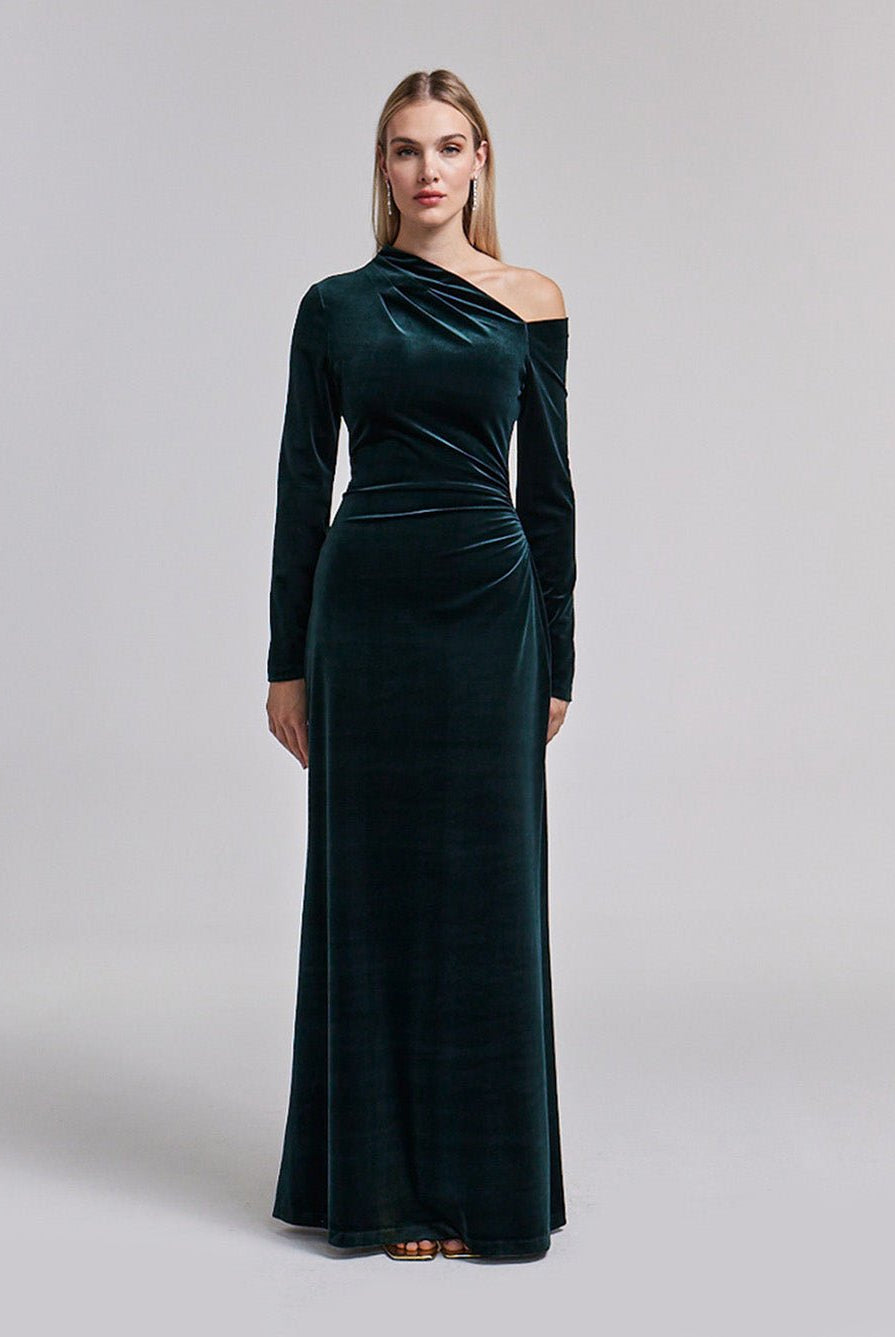 Dark Green Velvet Bare Shoulder Maxi Dress - shopaleena