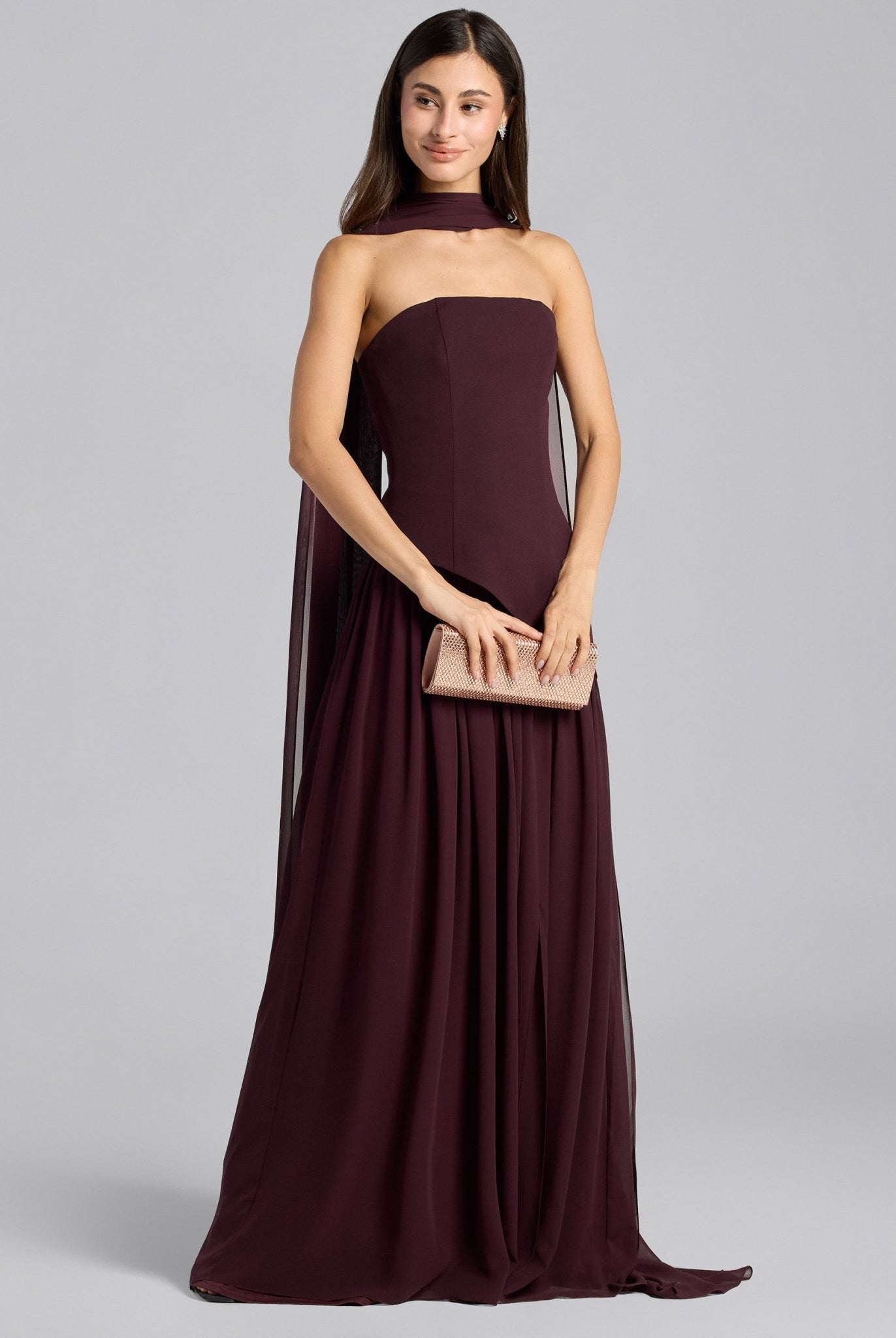Dark Plum Crepe - Chiffon Strapless Gown - shopaleena