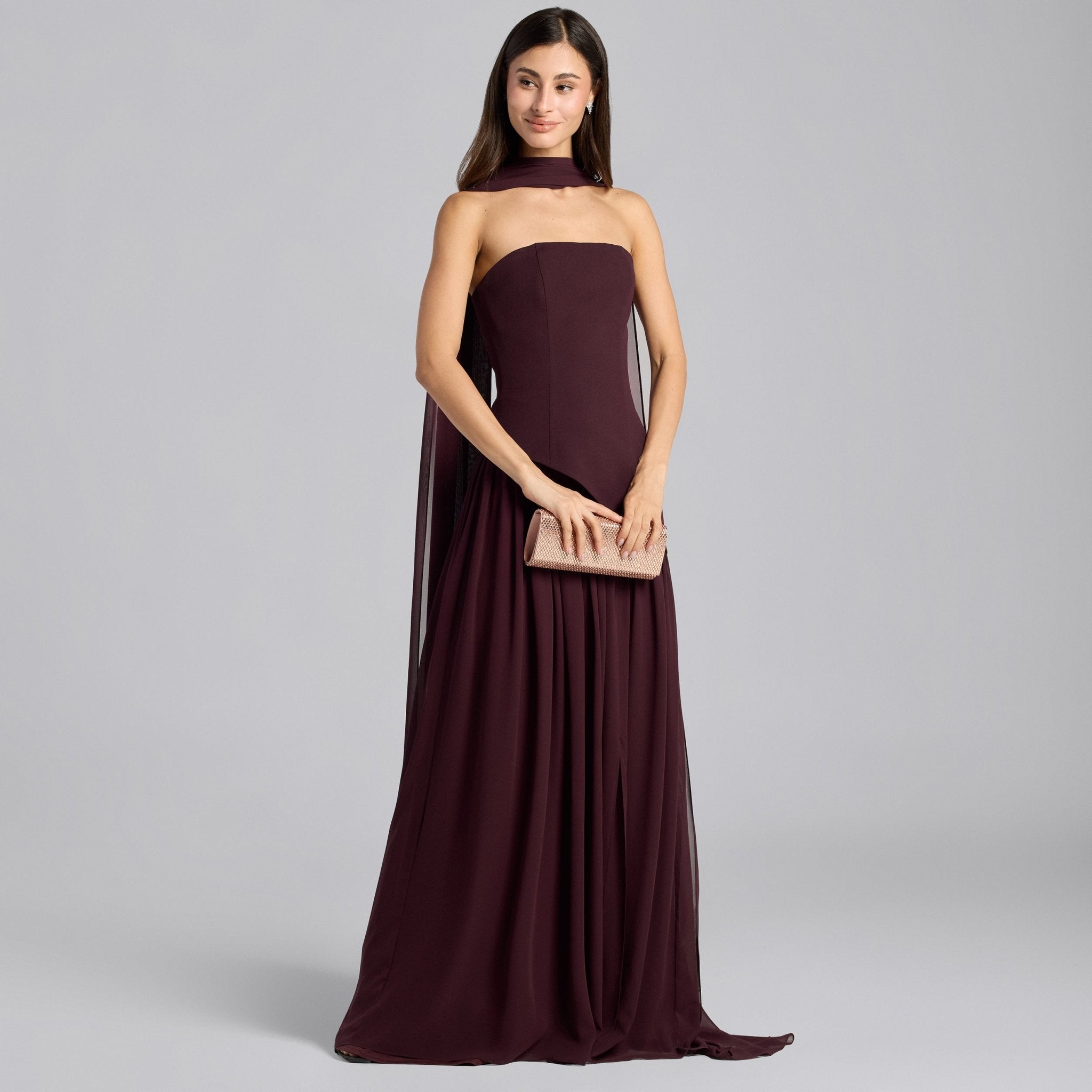Dark Plum Crepe - Chiffon Strapless Gown - shopaleena