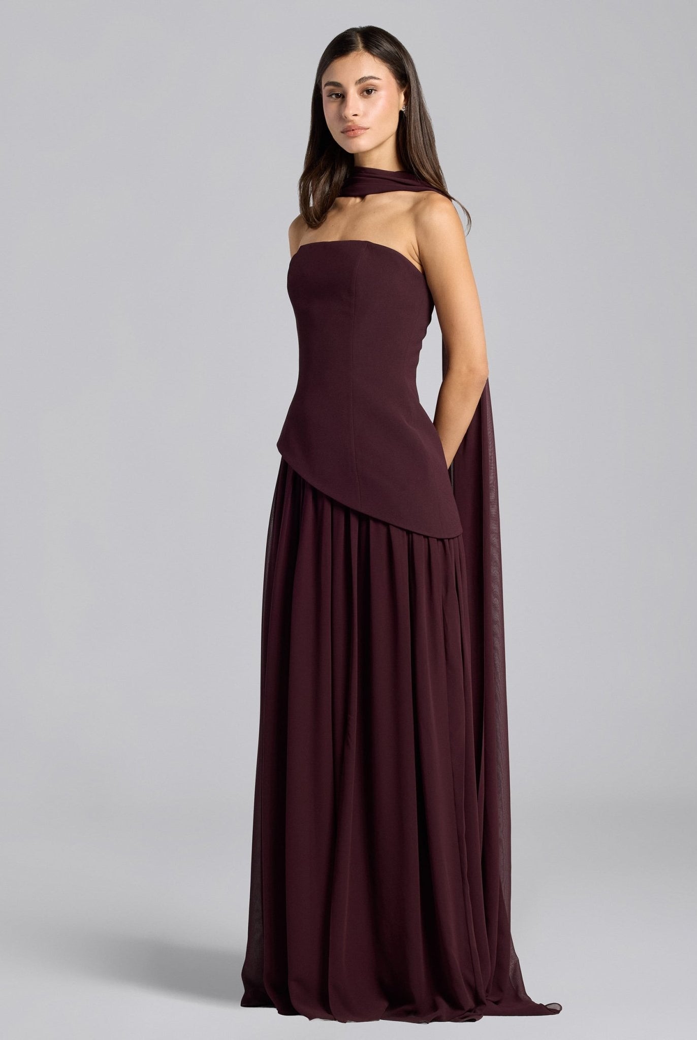 Dark Plum Crepe - Chiffon Strapless Gown - shopaleena